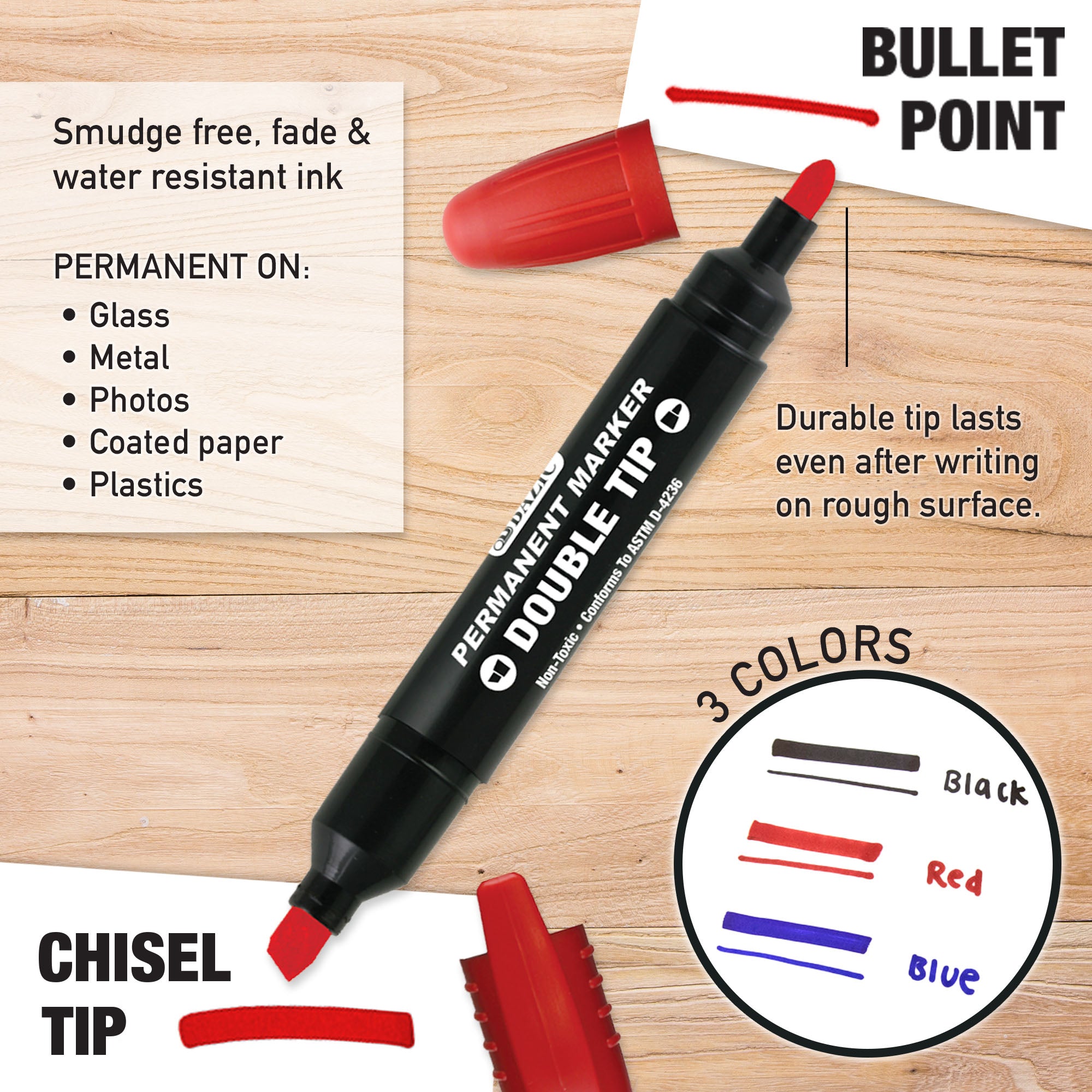 Assorted Colors Double-Tip Permanent Markers (3/Pack)