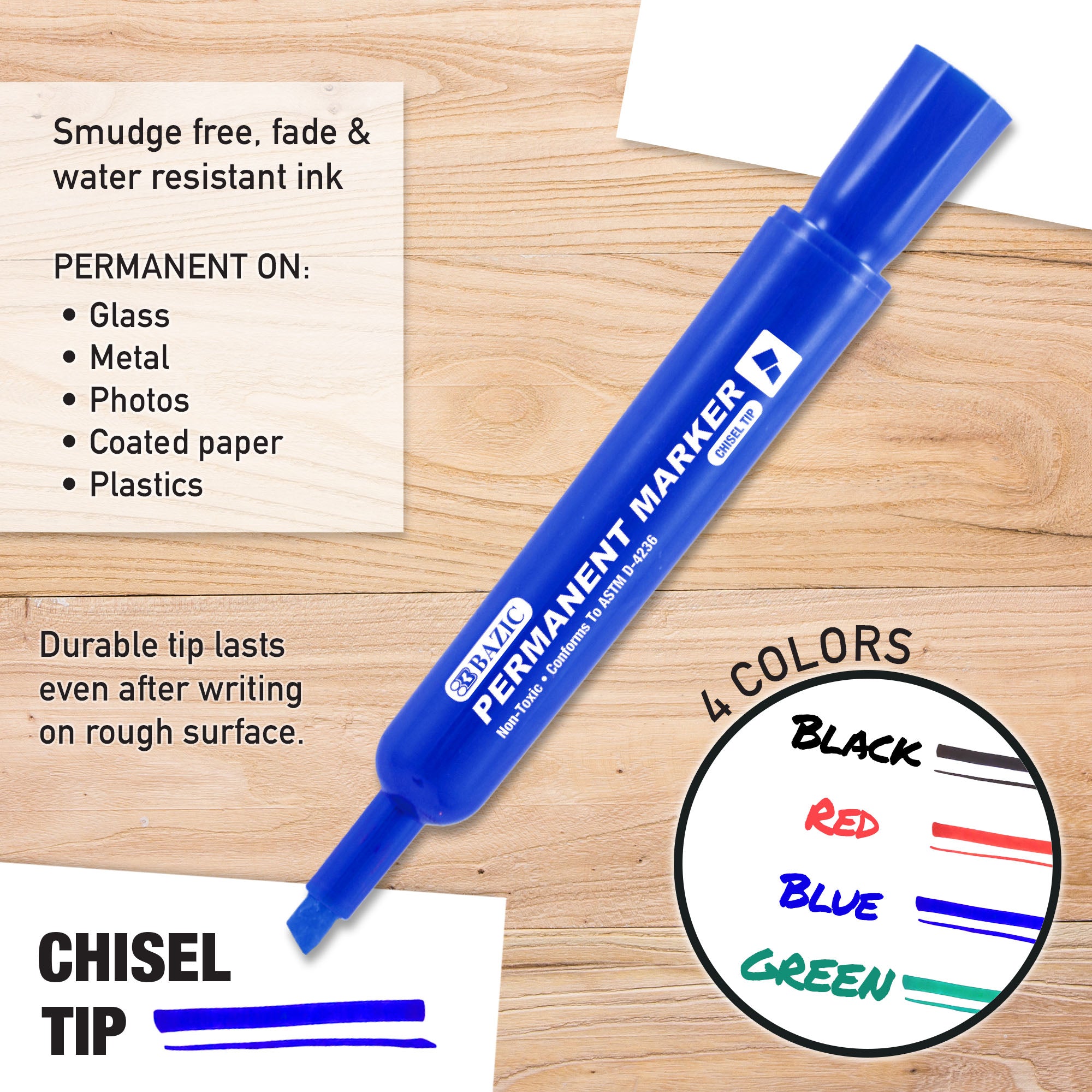 Assorted Colors Chisel Tip Desk Style Permanent Markers (3/Pack)