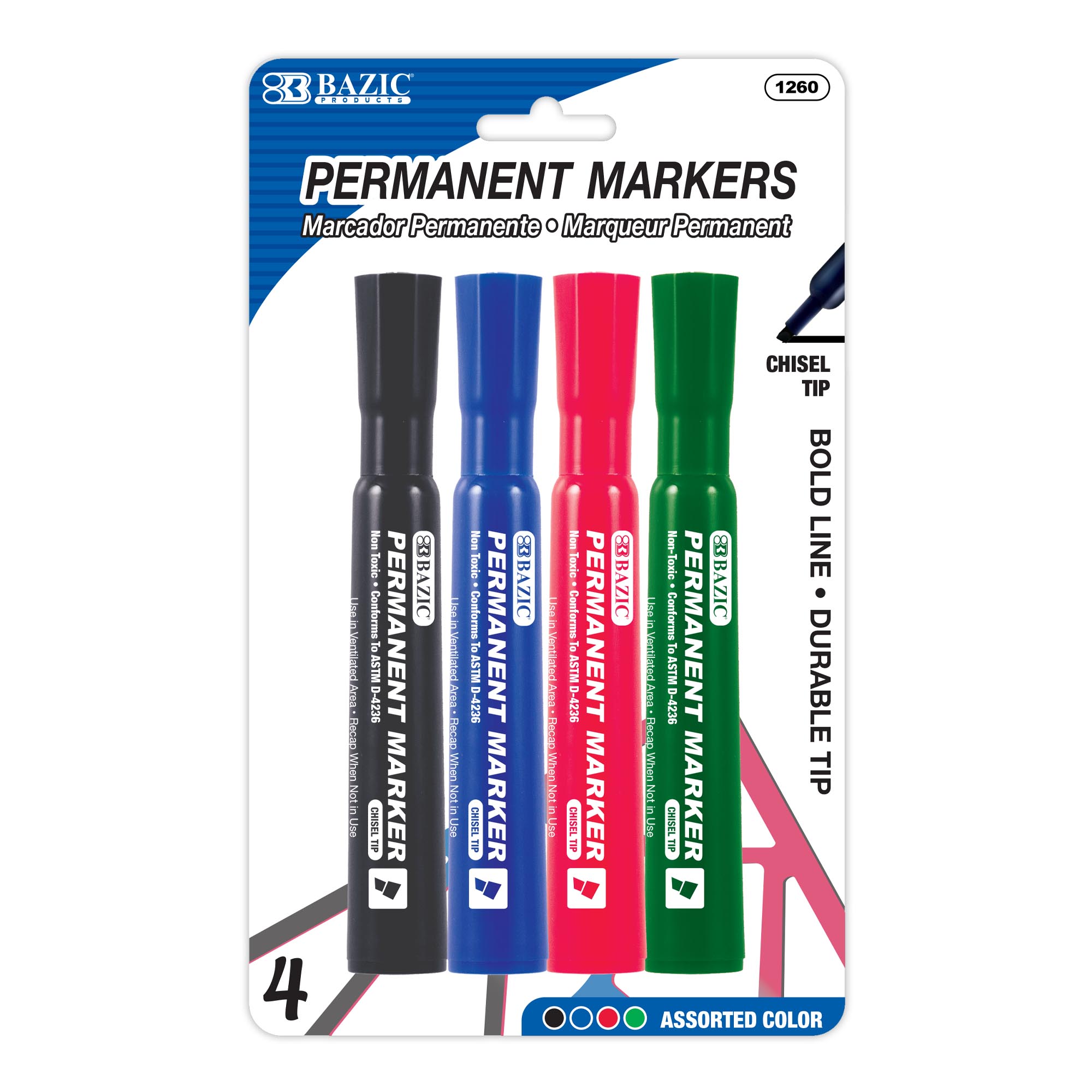 Assorted Colors Chisel Tip Desk Style Permanent Markers (4/Pack)
