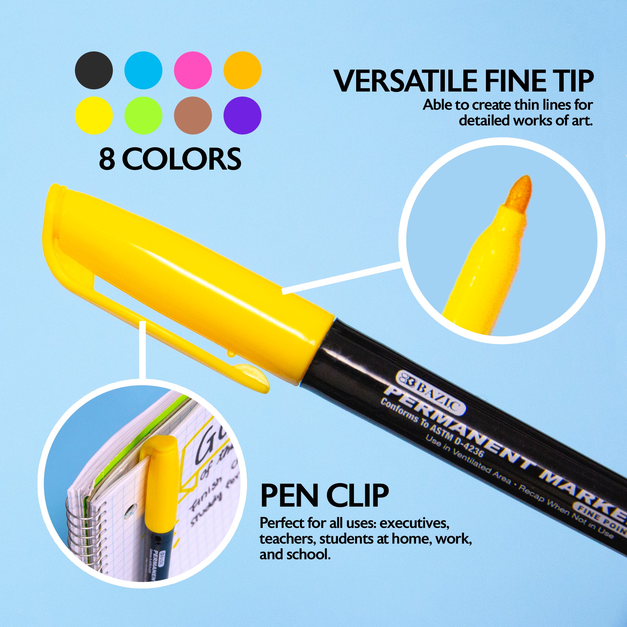 Bright Colors Fine Tip Permanent Markers w/ Pocket Clip (8/Pack)