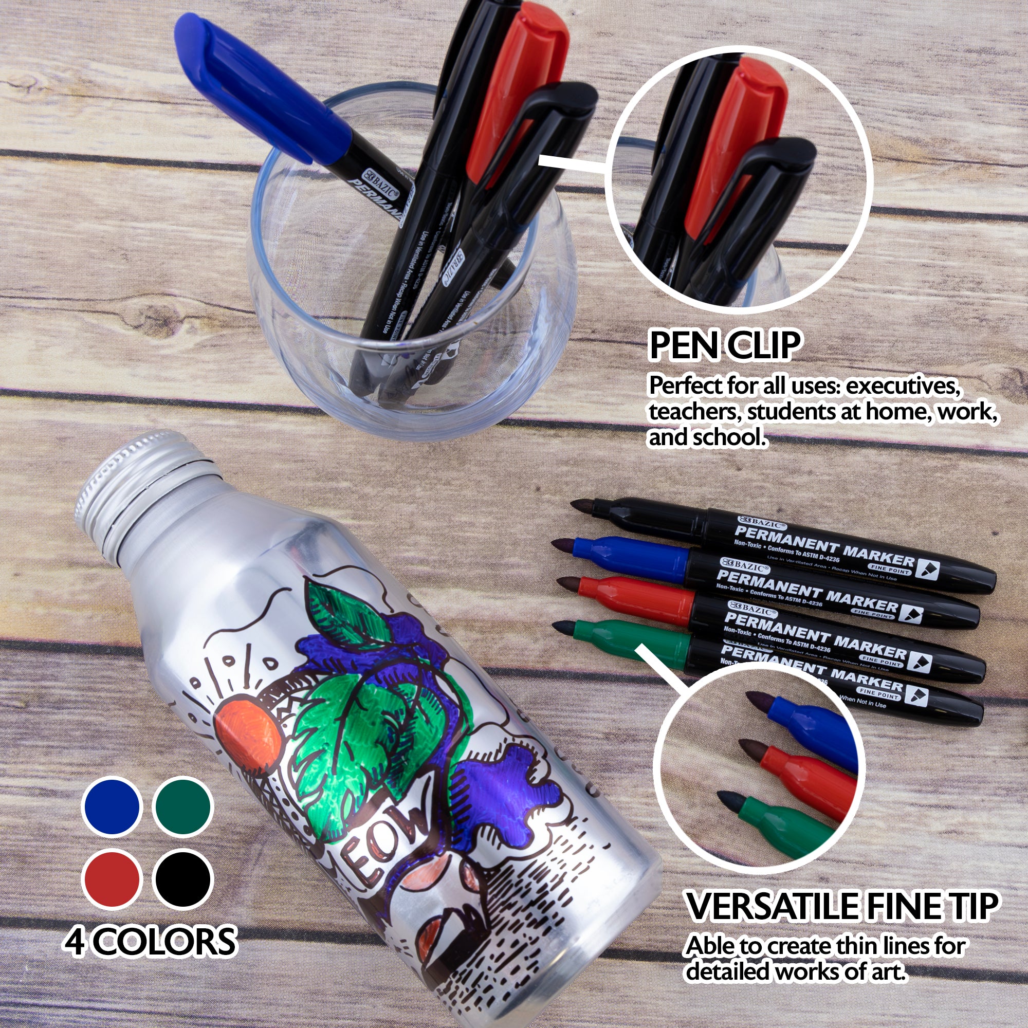 Assorted Colors Fine Tip Permanent Markers w/ Pocket Clip (8/Pack)