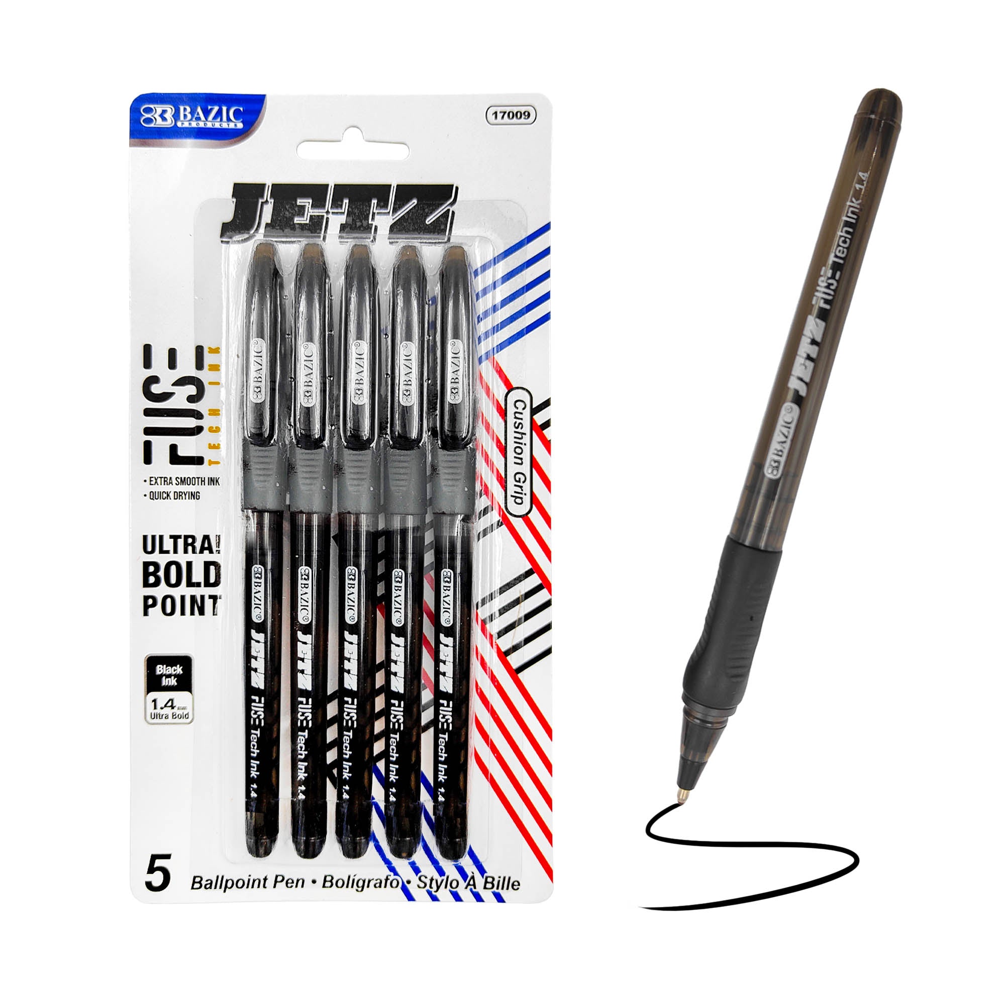 Jetz 1.4 mm Tip Black FUSE Tech Ink Pen w/ Cushion Grip (5/Pack)