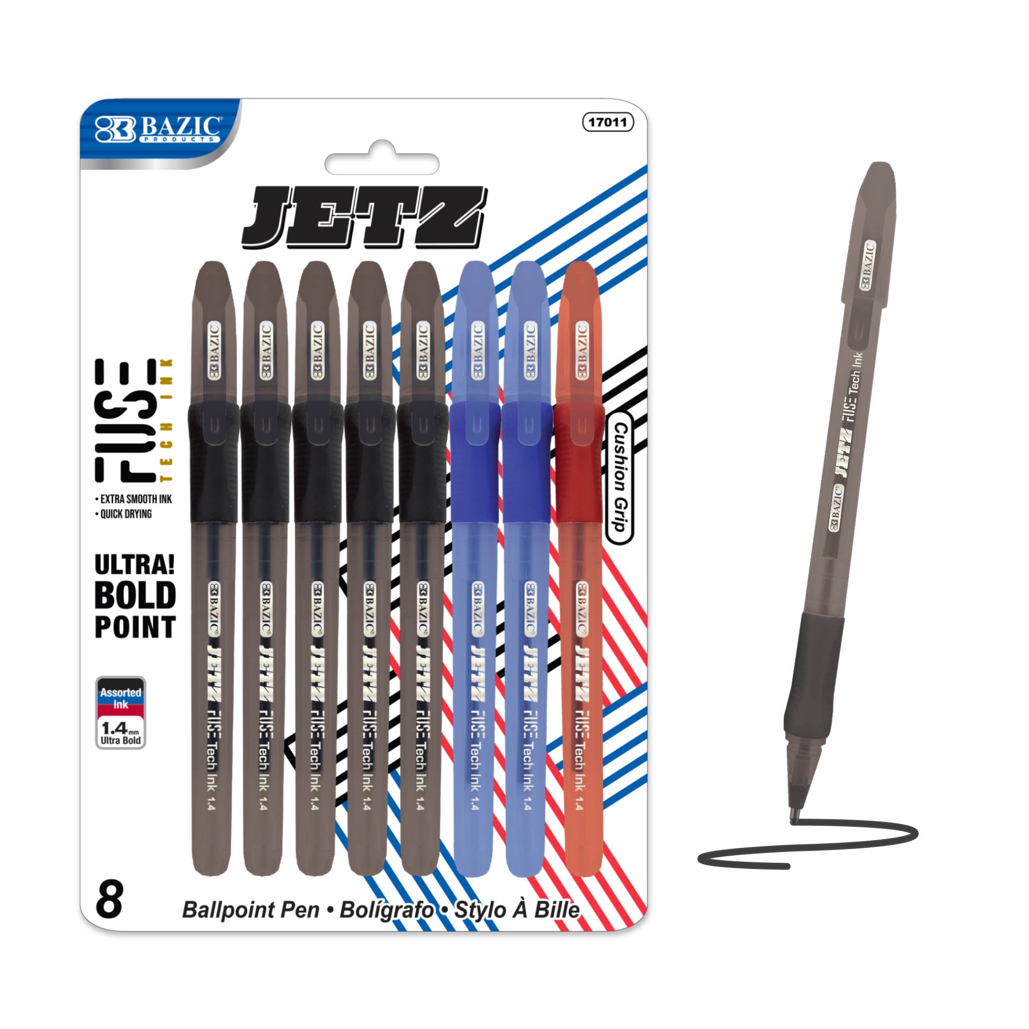 Jetz 1.4 mm Tip Asst. Color FUSE Tech Ink Pen w/ Cushion Grip (8/Pack)