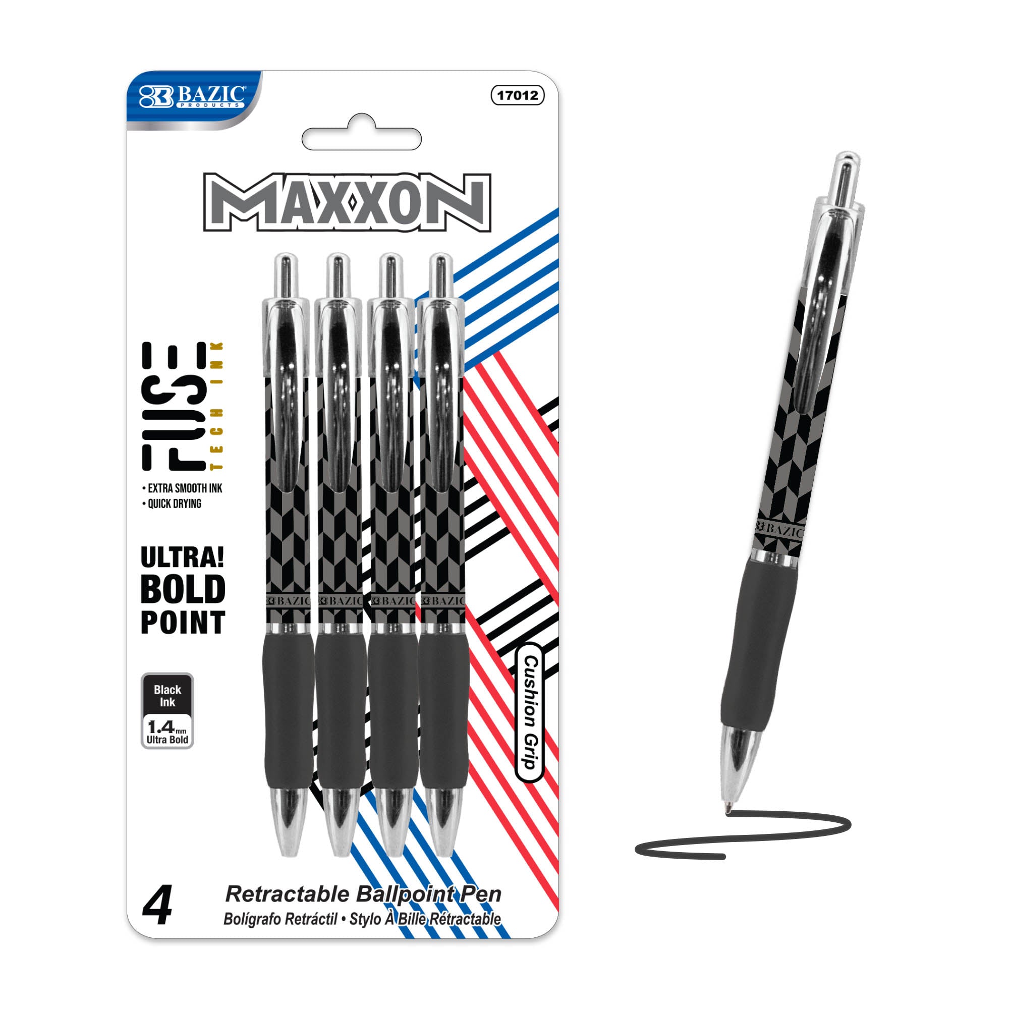 Maxxon 1.4 mm Tip Black FUSE Tech Ink Retractable Pen w/ Cushion Grip (4/Pack)