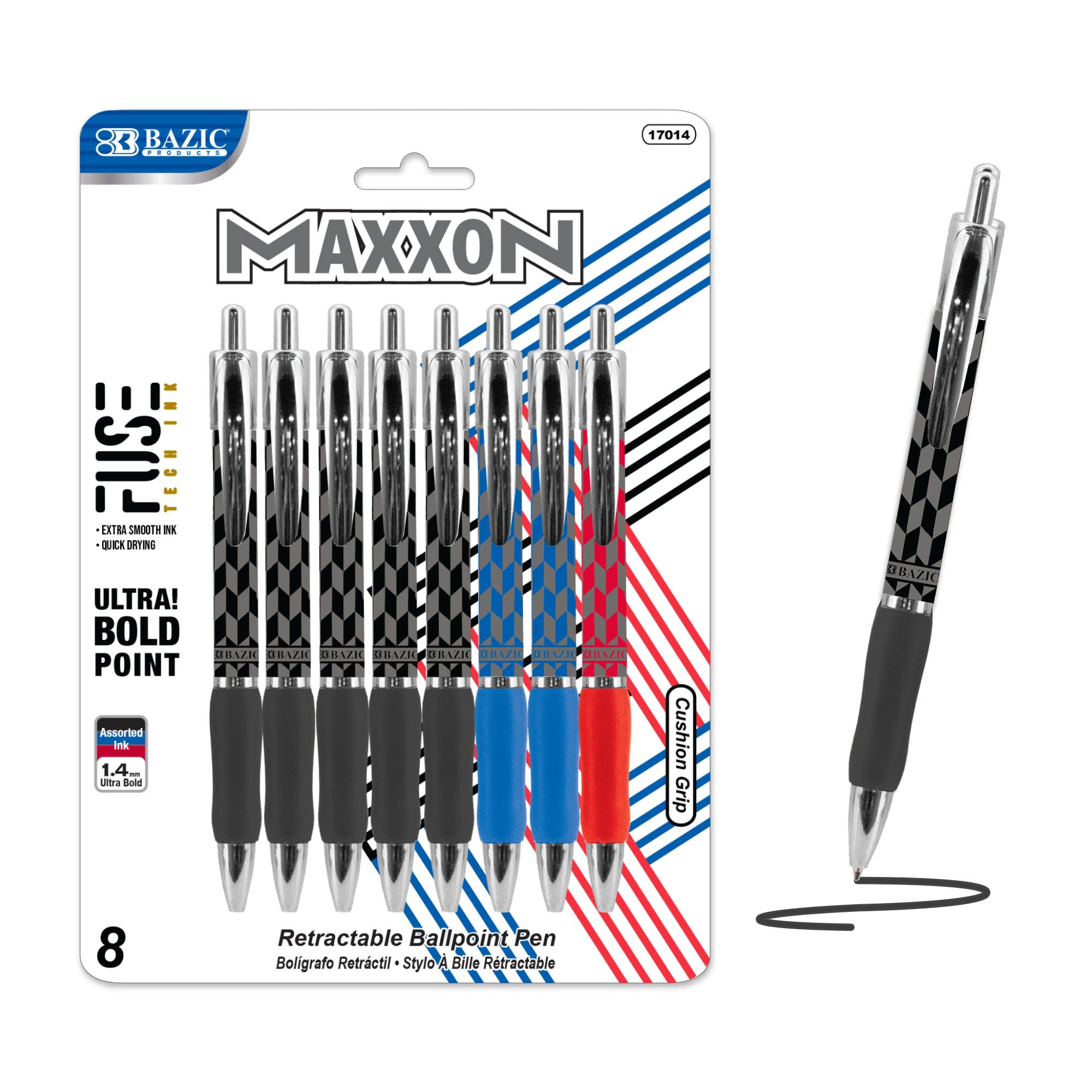 Maxxon 1.4 mm Tip Asst. Color FUSE Tech Ink Retractable Pen w/ Cushion Grip (8/Pack)