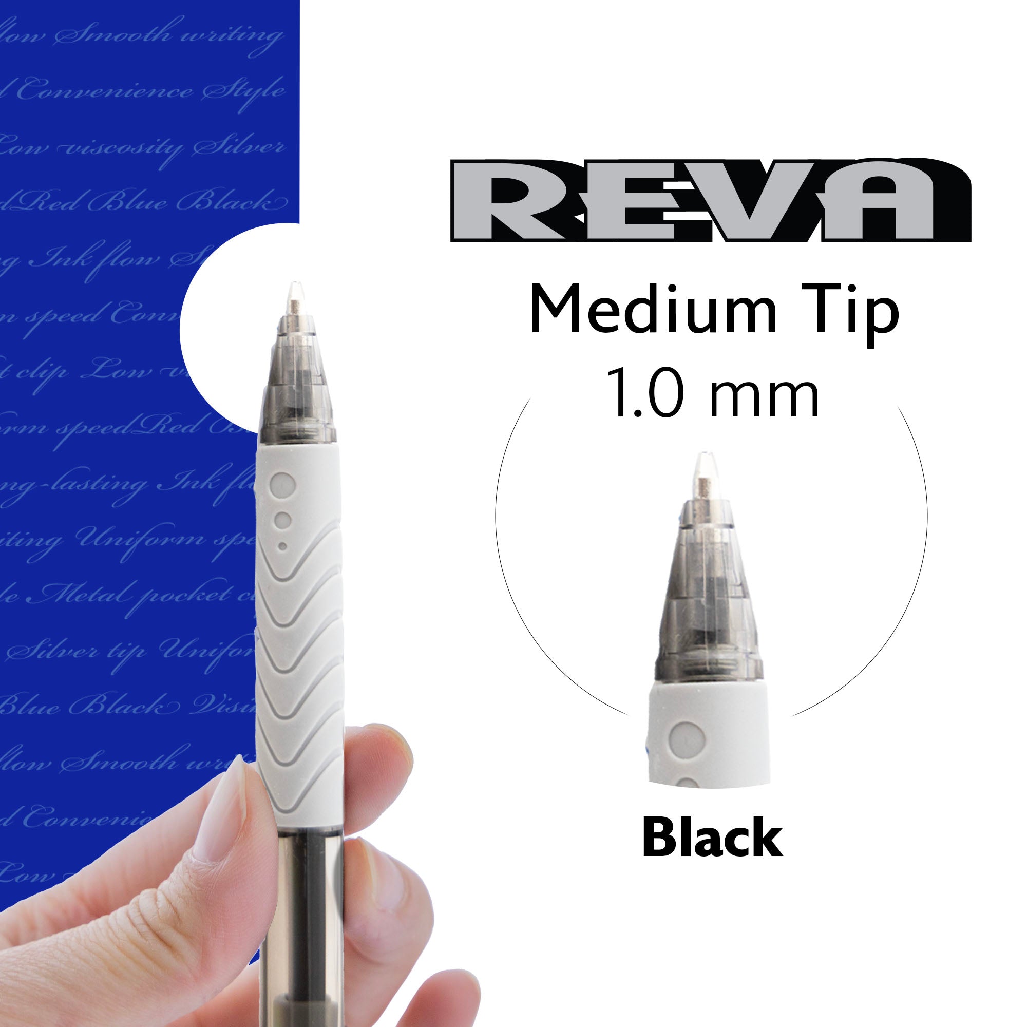 Reva Black Color Retractable Pen w/ Cushion Grip (8/Pack)