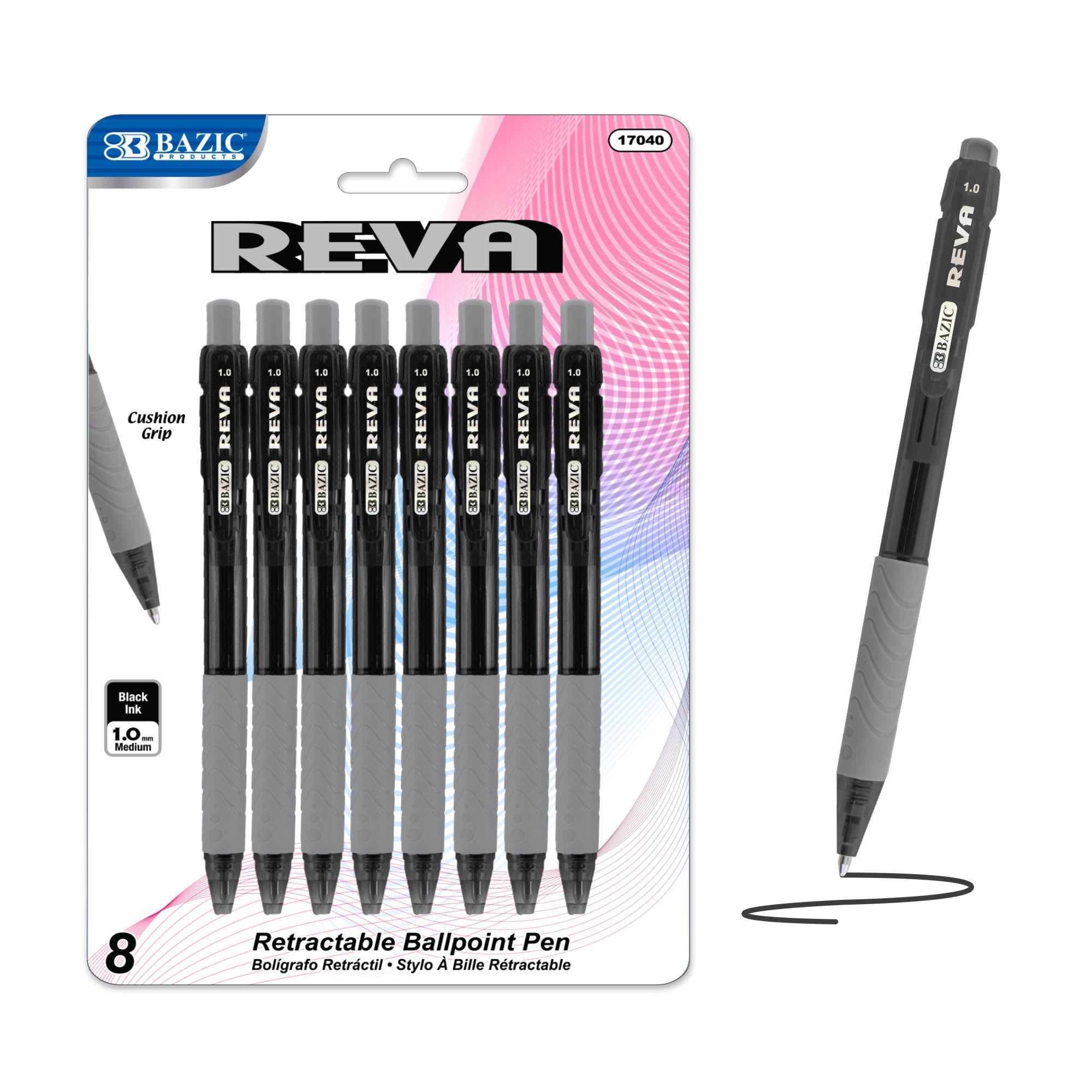 Reva Black Color Retractable Pen w/ Cushion Grip (8/Pack)