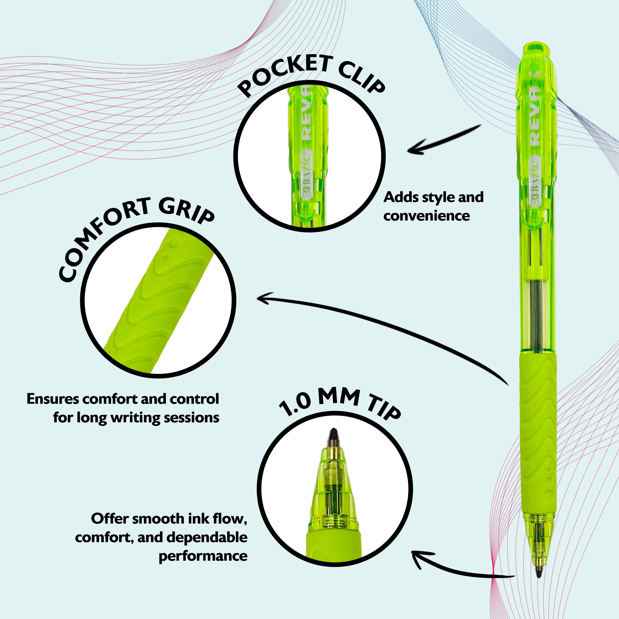 Reva Dazzle Black Color Retractable Pen w/ Cushion Grip (8/Pack)