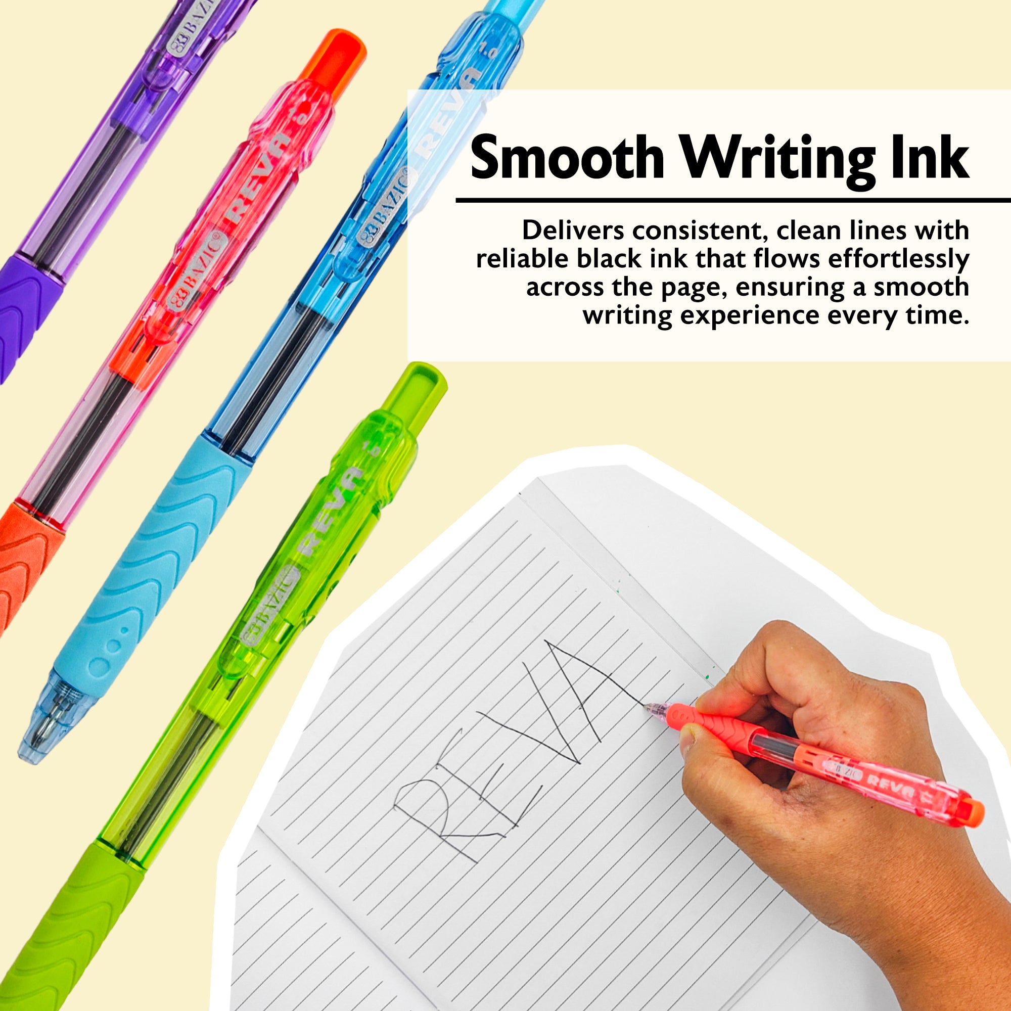 Reva Dazzle Black Color Retractable Pen w/ Cushion Grip (8/Pack)