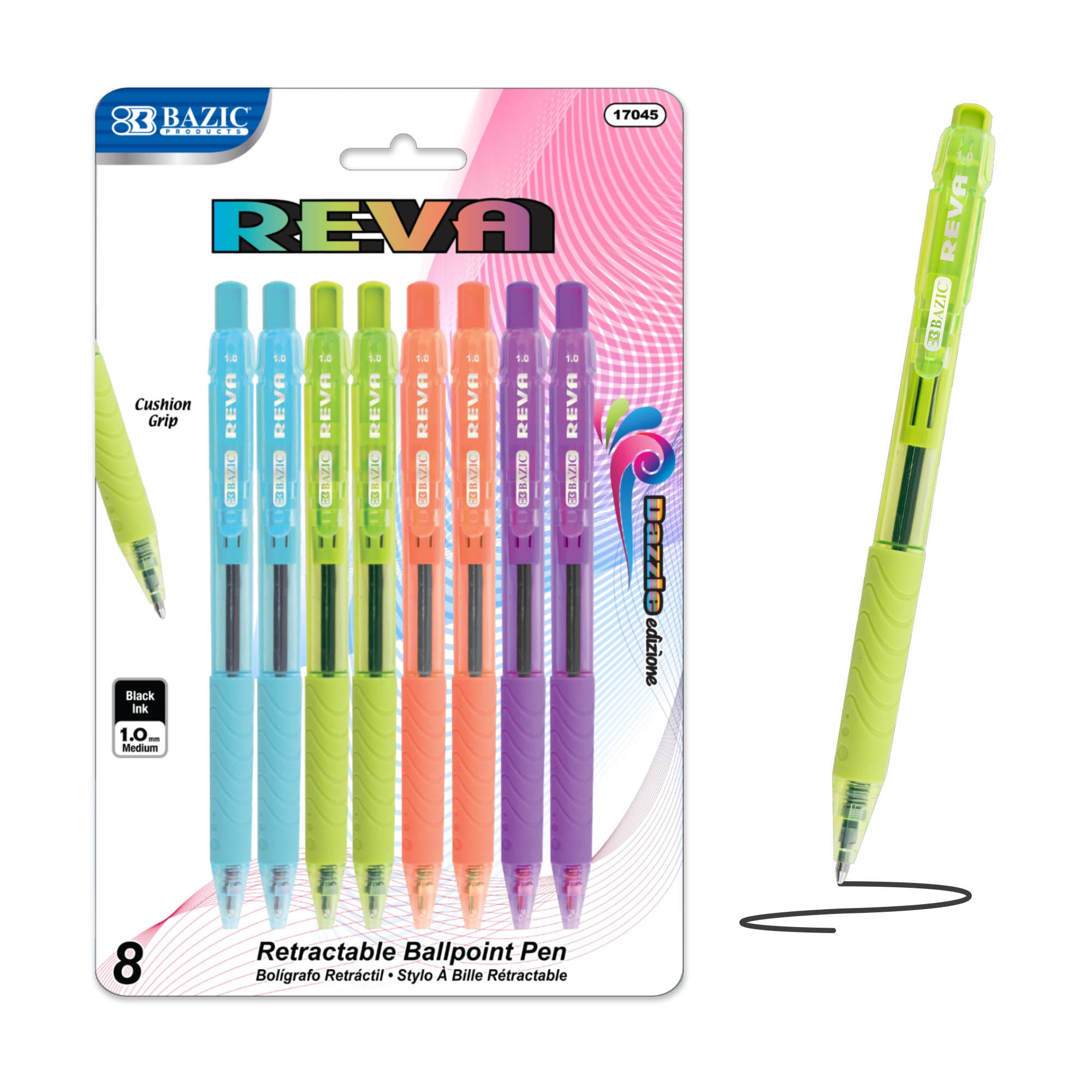 Reva Dazzle Black Color Retractable Pen w/ Cushion Grip (8/Pack)