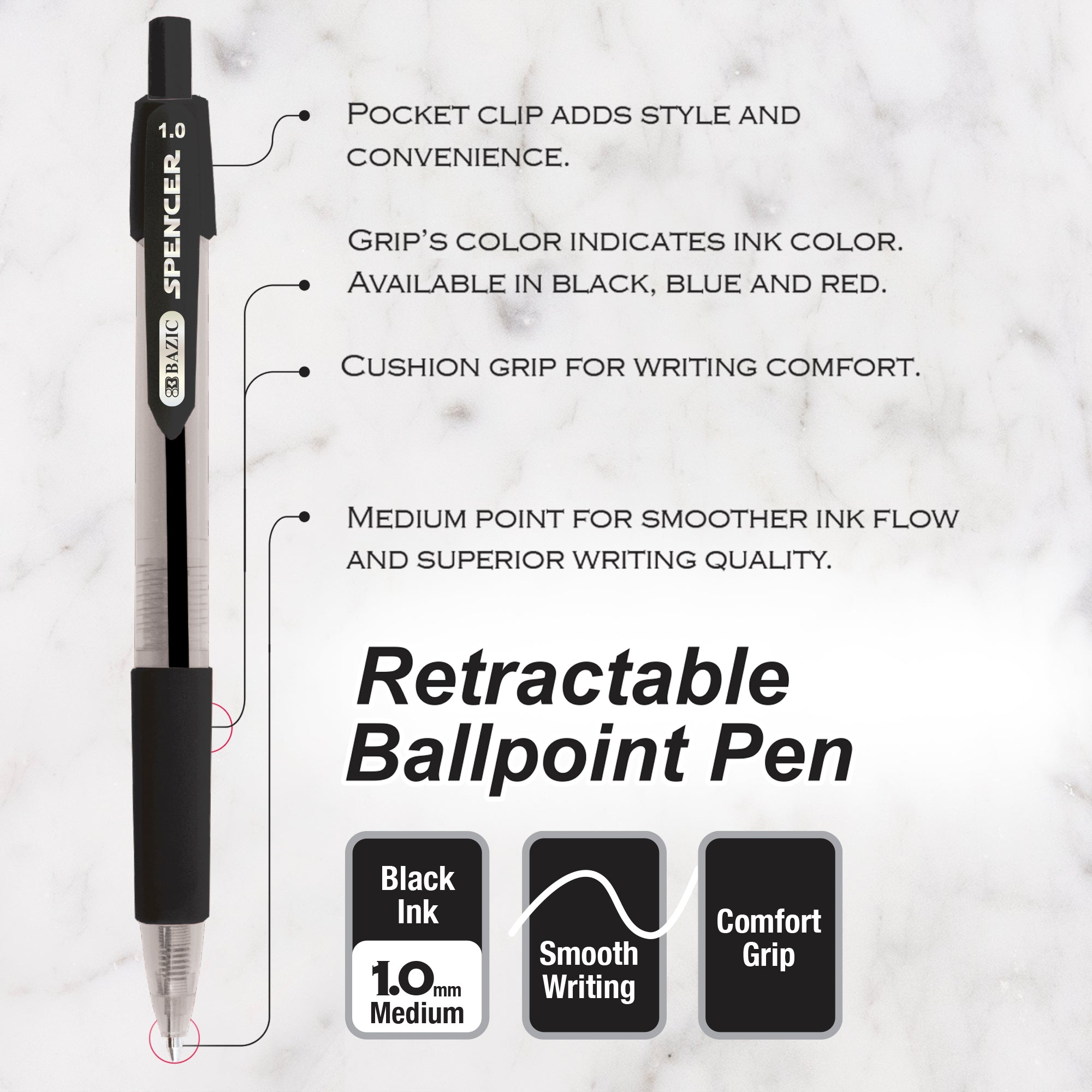 Spencer Black Retractable Pen w/ Cushion Grip (5/Pack)