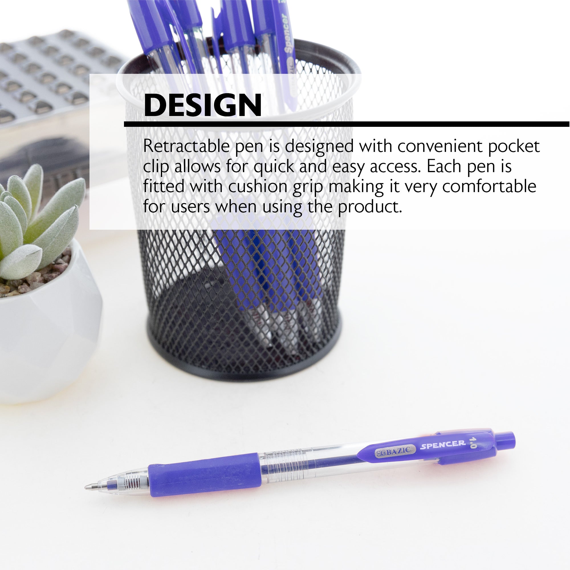 Spencer Blue Retractable Pen w/ Cushion Grip (5/Pack)