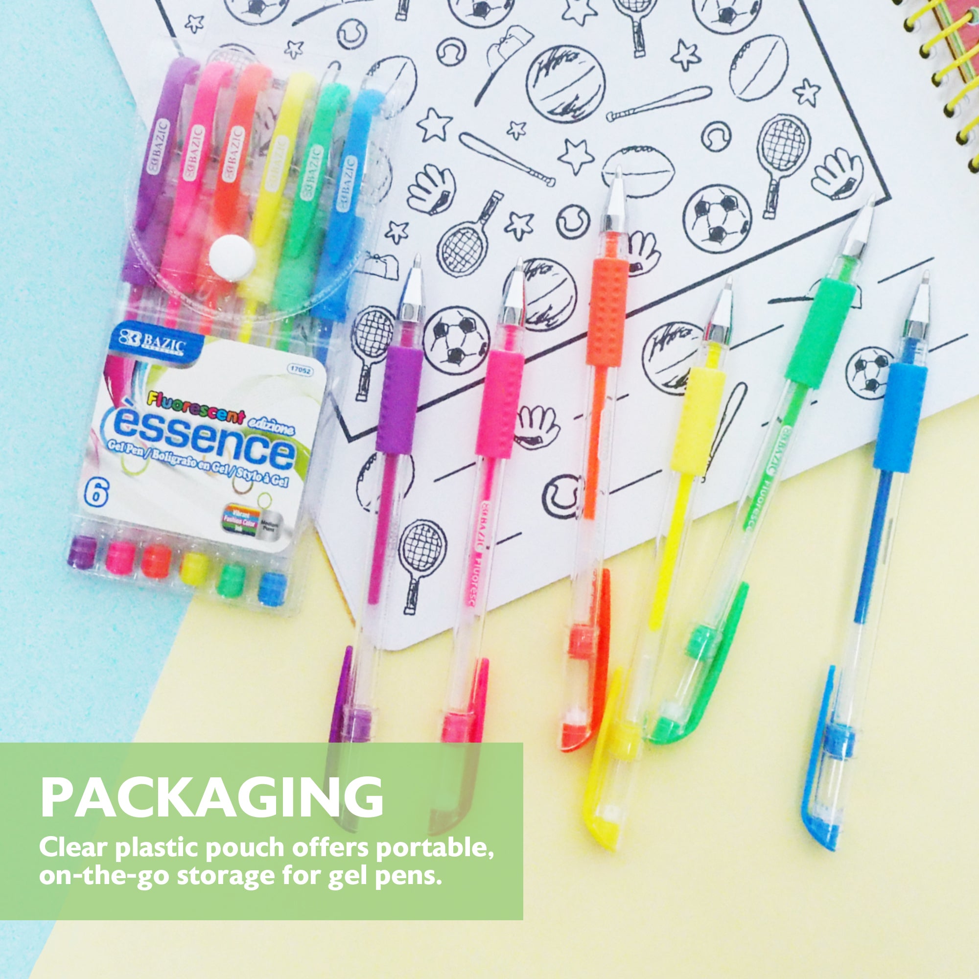 6 Fluorescent Color Essence Gel Pen w/ Cushion Grip