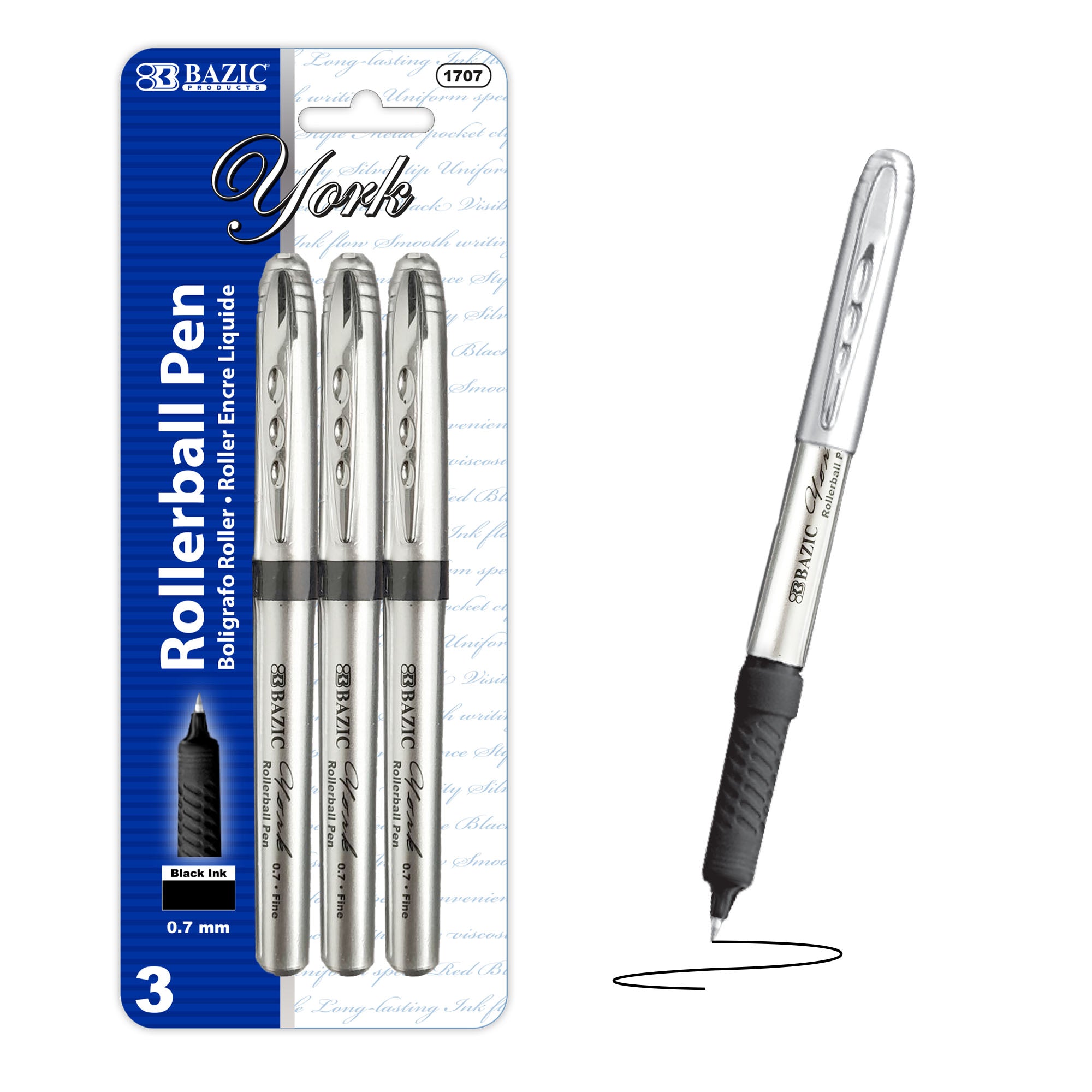 York Black Rollerball Pen w/ Grip (3/Pack)