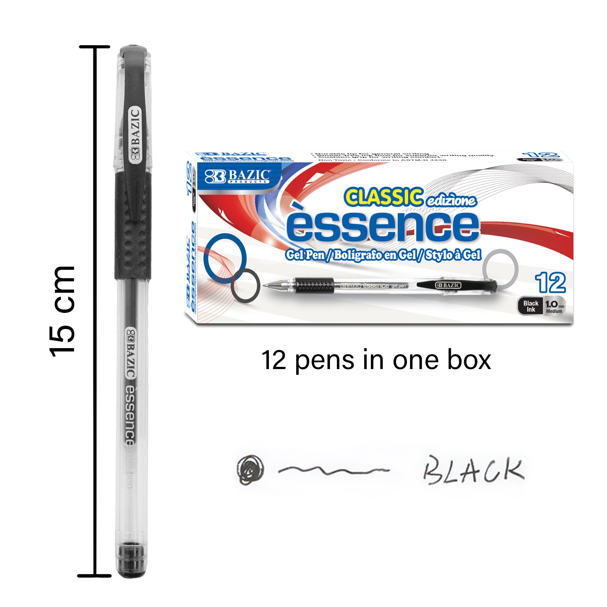Essence Black Gel Pen w/ Cushion Grip (12/Box)