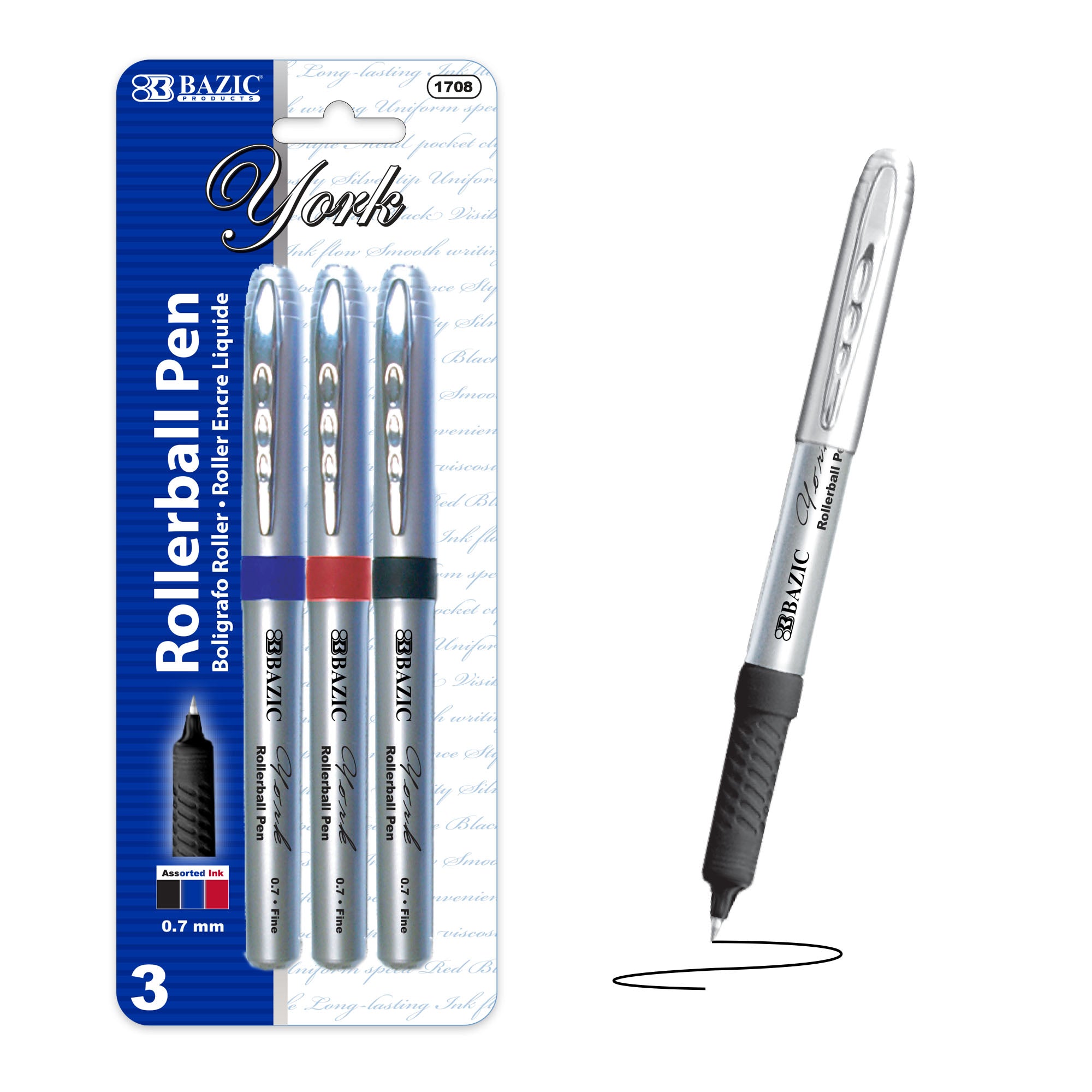 York Asst. Color Rollerball Pen w/ Grip (3/Pack)