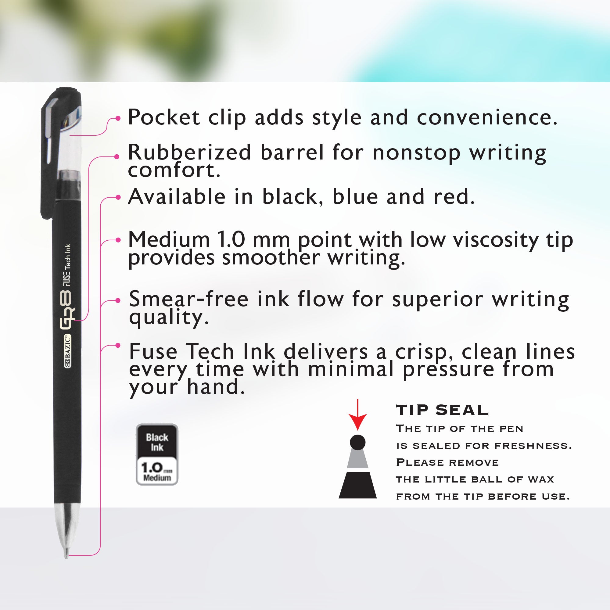 GR8 Black FUSE Tech Ink Pen w/ Rubberized Barrel (3/Pack)