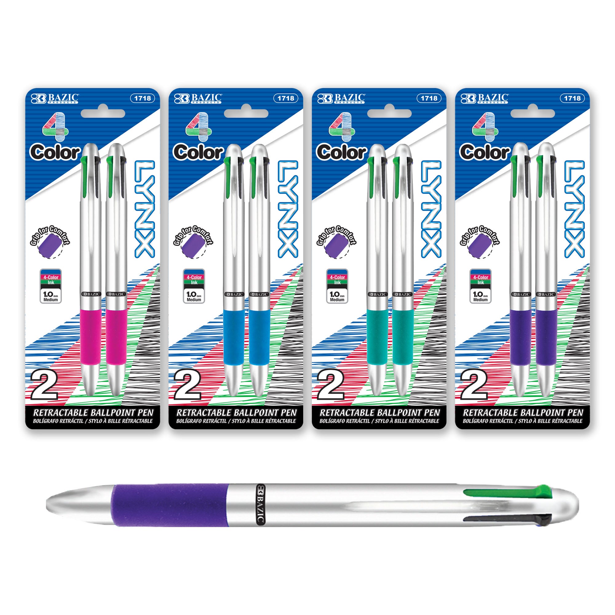 Lynx Silver Top 4-Color Pen w/ Cushion Grip (2/Pack)