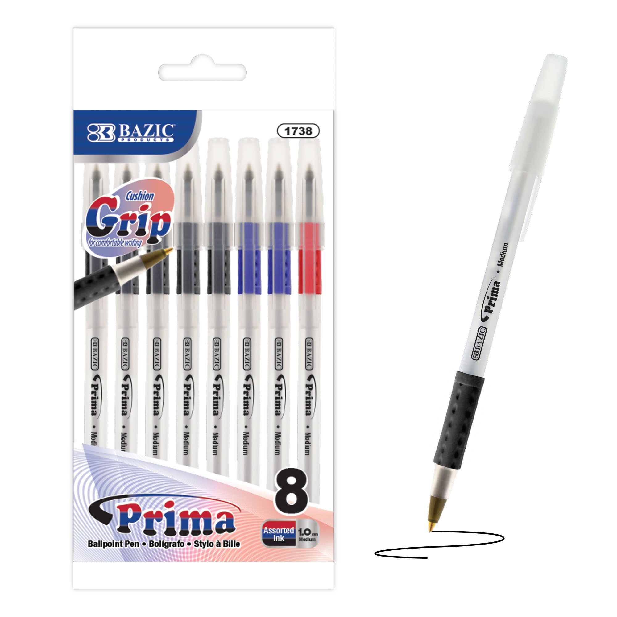 Prima Assorted Color Stick Pen w/ Cushion Grip (8/Pack)