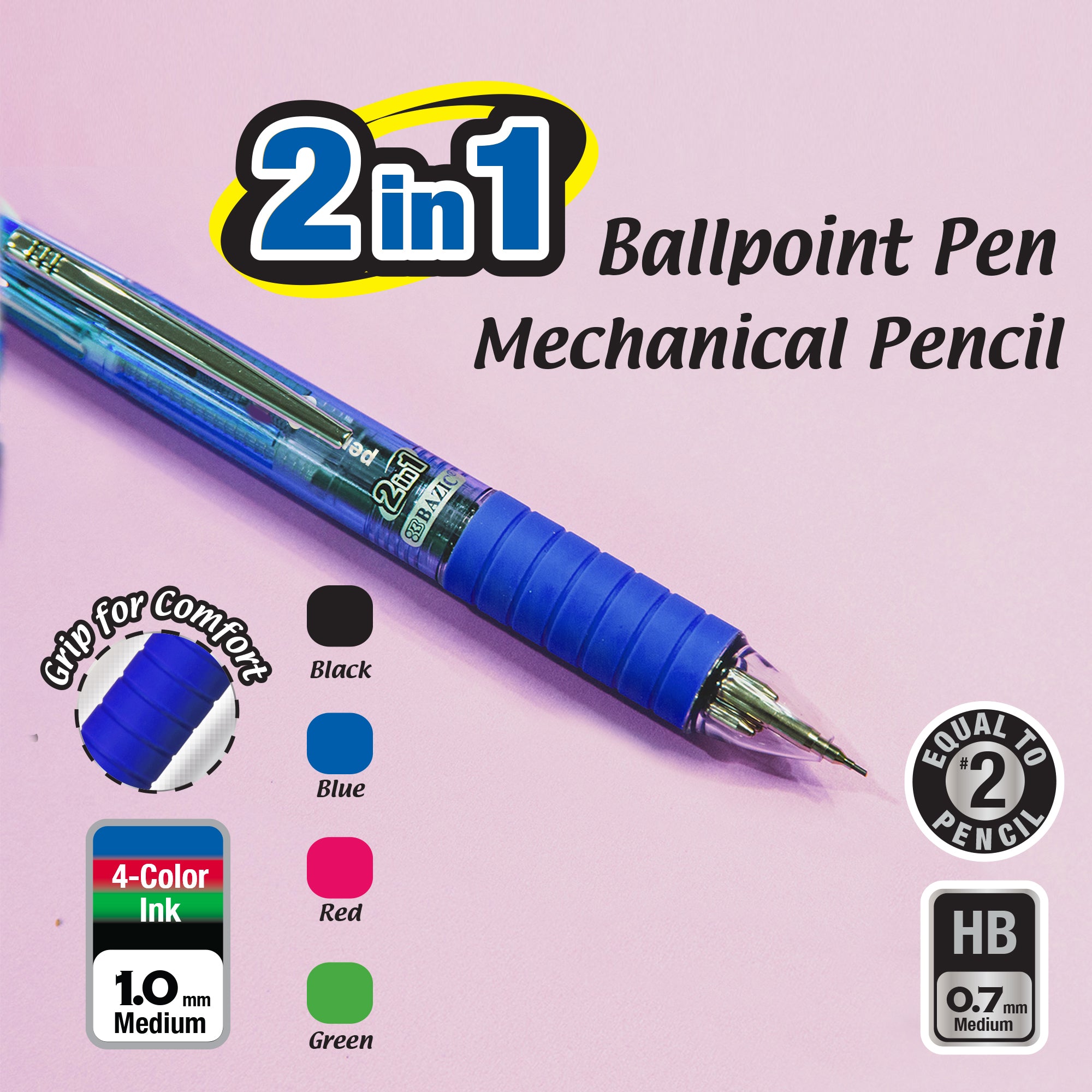 2-In-1 Mechanical Pencil & 4-Color Pen w/ Cushion Grip