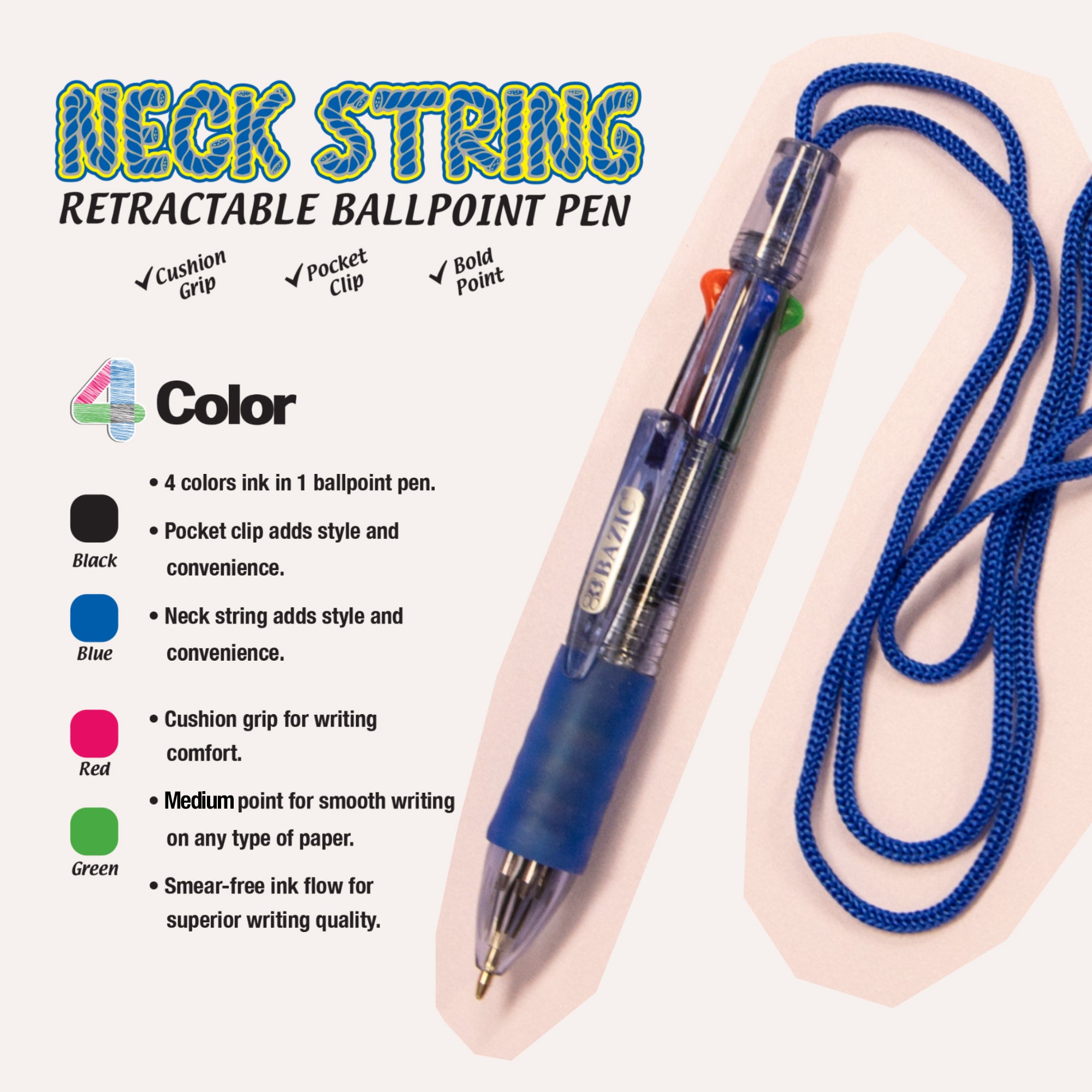 4-Color Neck Pen w/ Cushion Grip