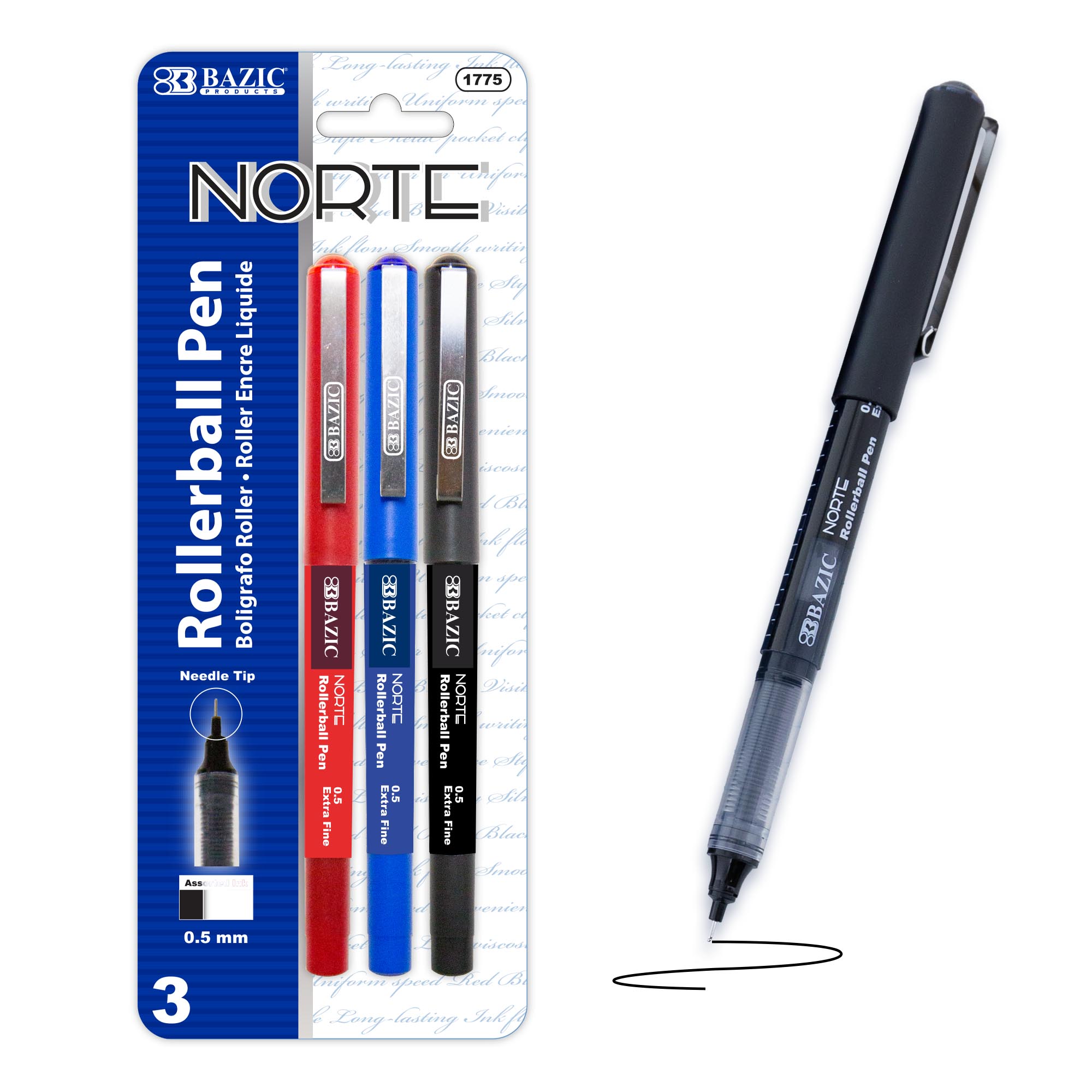 Norte Asst. Color Needle-Tip Rollerball Pen (3/Pack)
