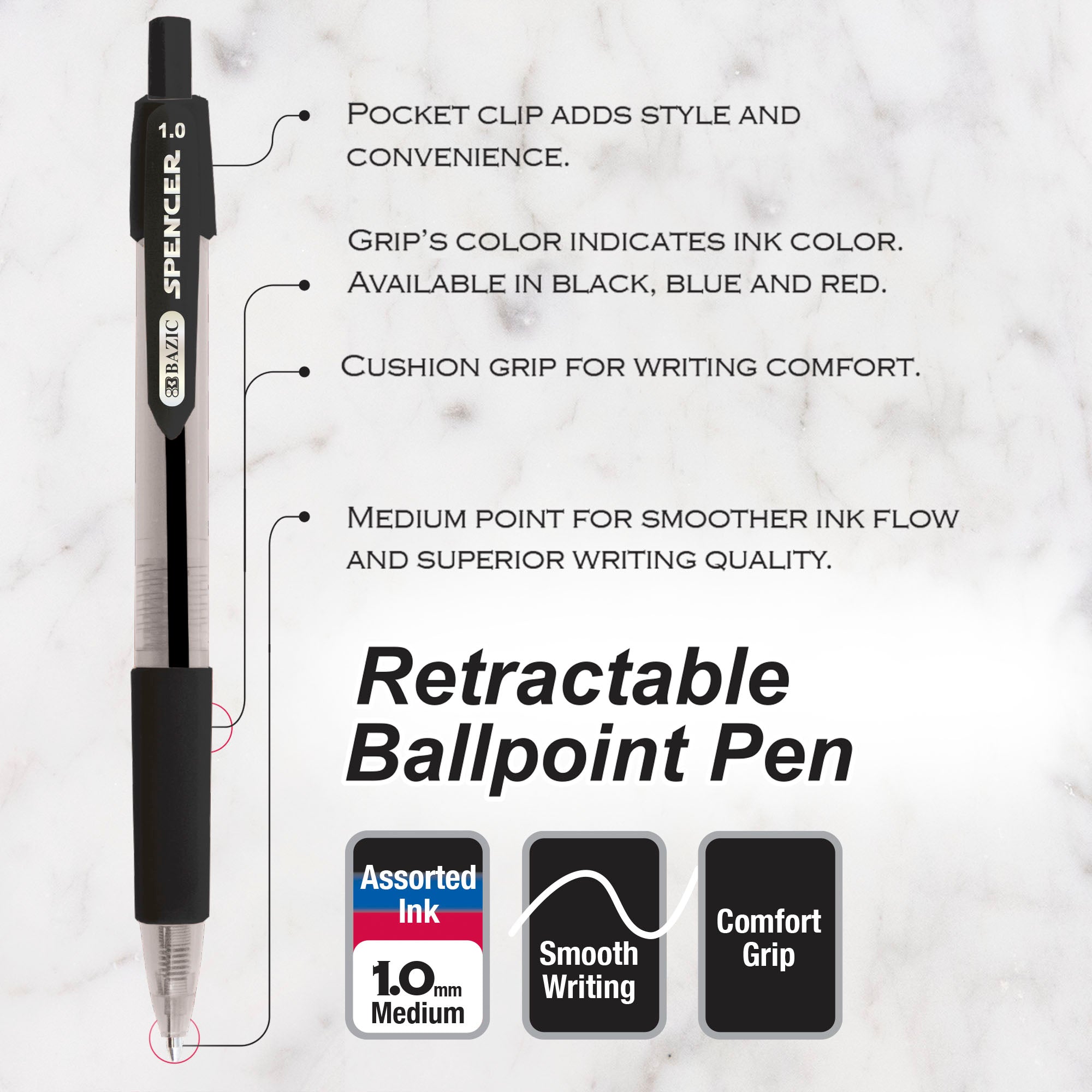 Spencer Asst. Color Retractable Pen w/ Cushion Grip (5/Pack)