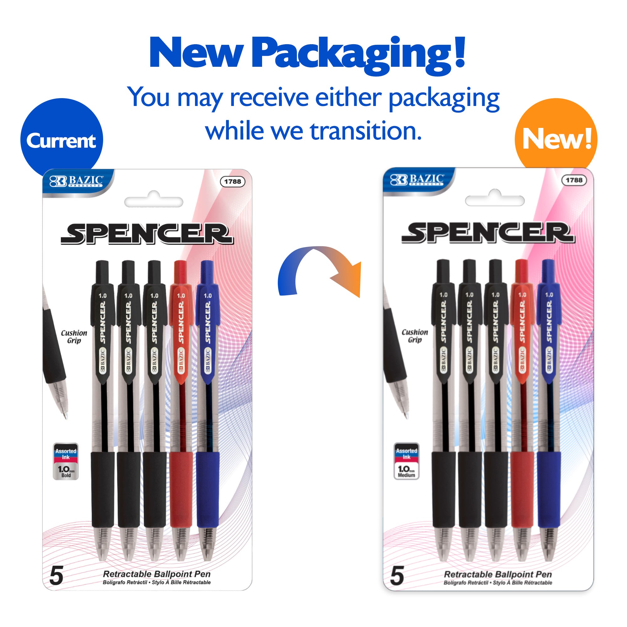 Spencer Asst. Color Retractable Pen w/ Cushion Grip (5/Pack)