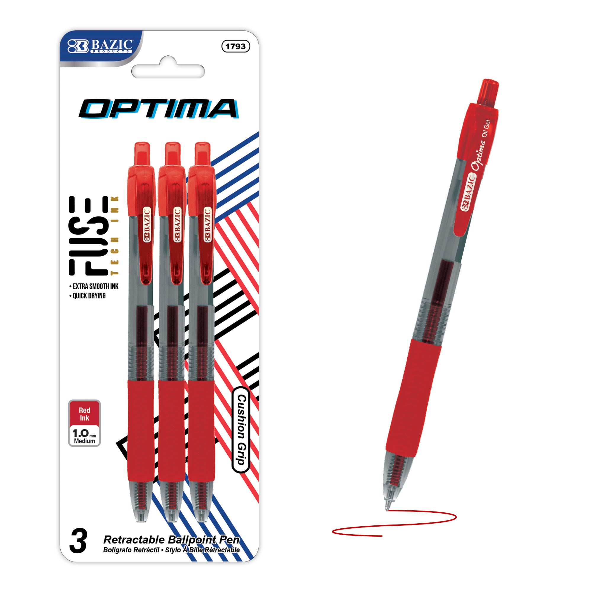Optima Red FUSE Tech Ink Retractable Pen w/ Grip (3/Pack)