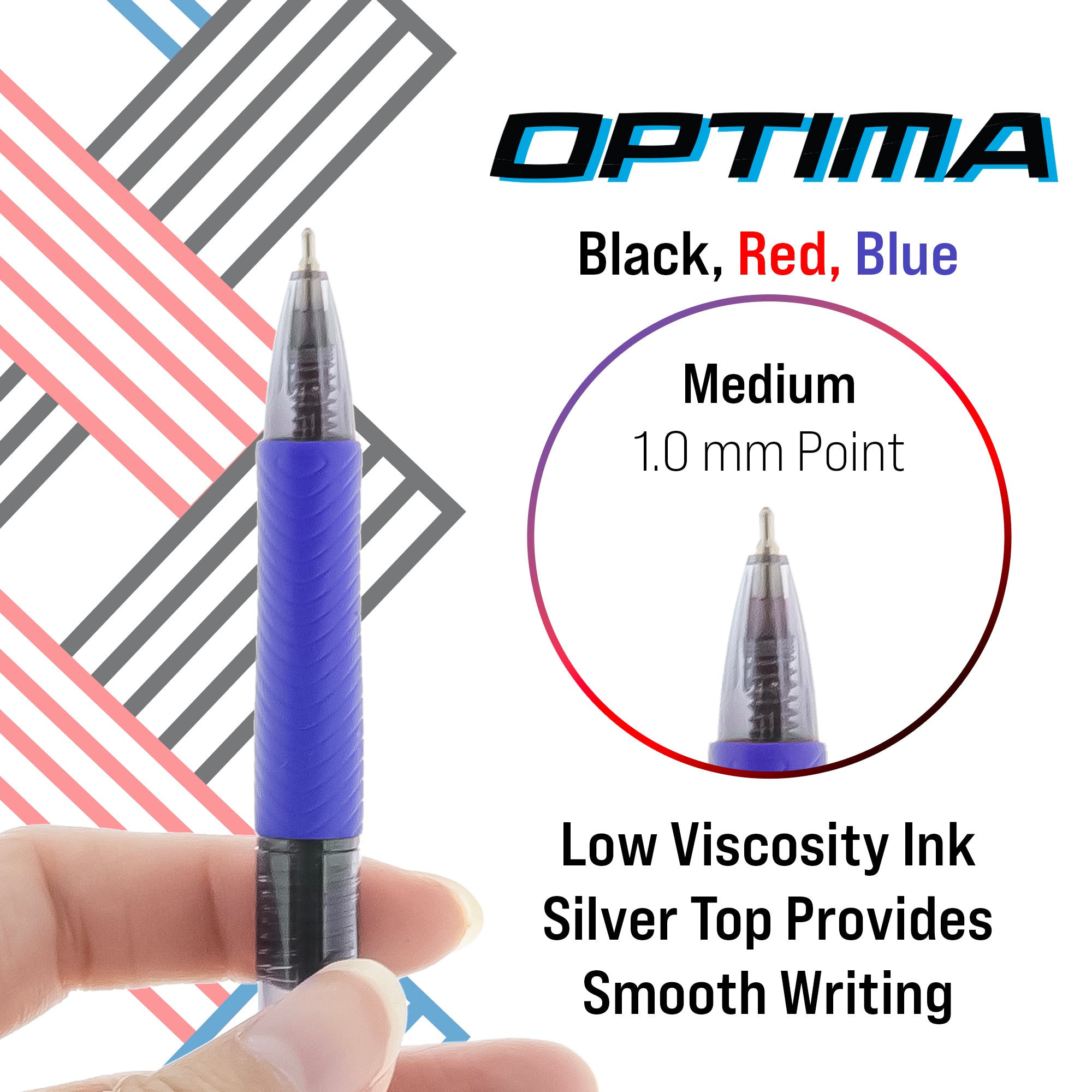 Optima Assorted Color FUSE Tech Ink Retractable Pen w/ Grip (3/Pack)
