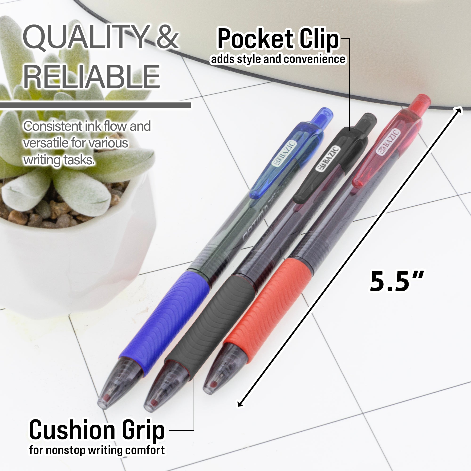 Optima Assorted Color FUSE Tech Ink Retractable Pen w/ Grip (3/Pack)