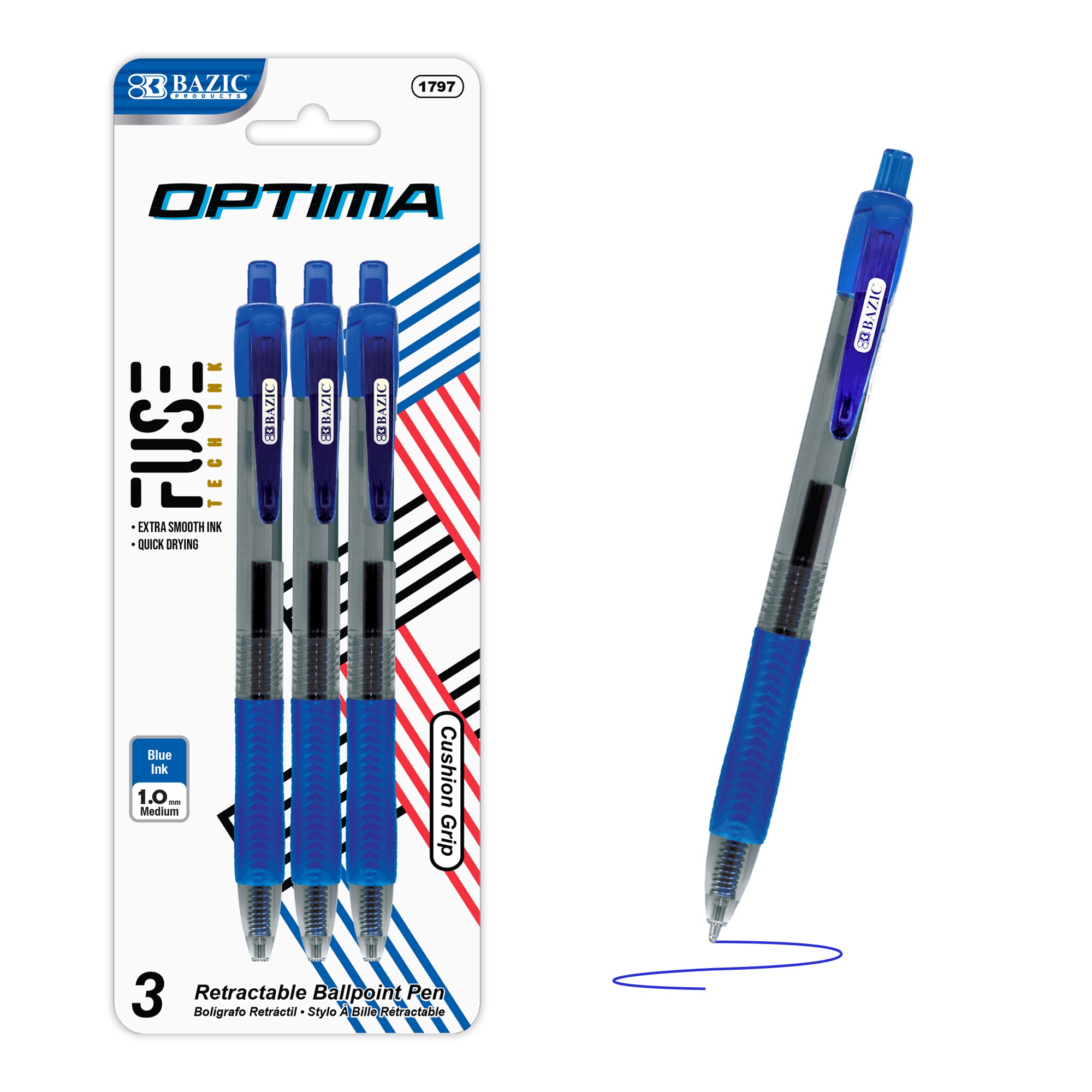 Optima Blue FUSE Tech Ink Retractable Pen w/ Grip (3/Pack)