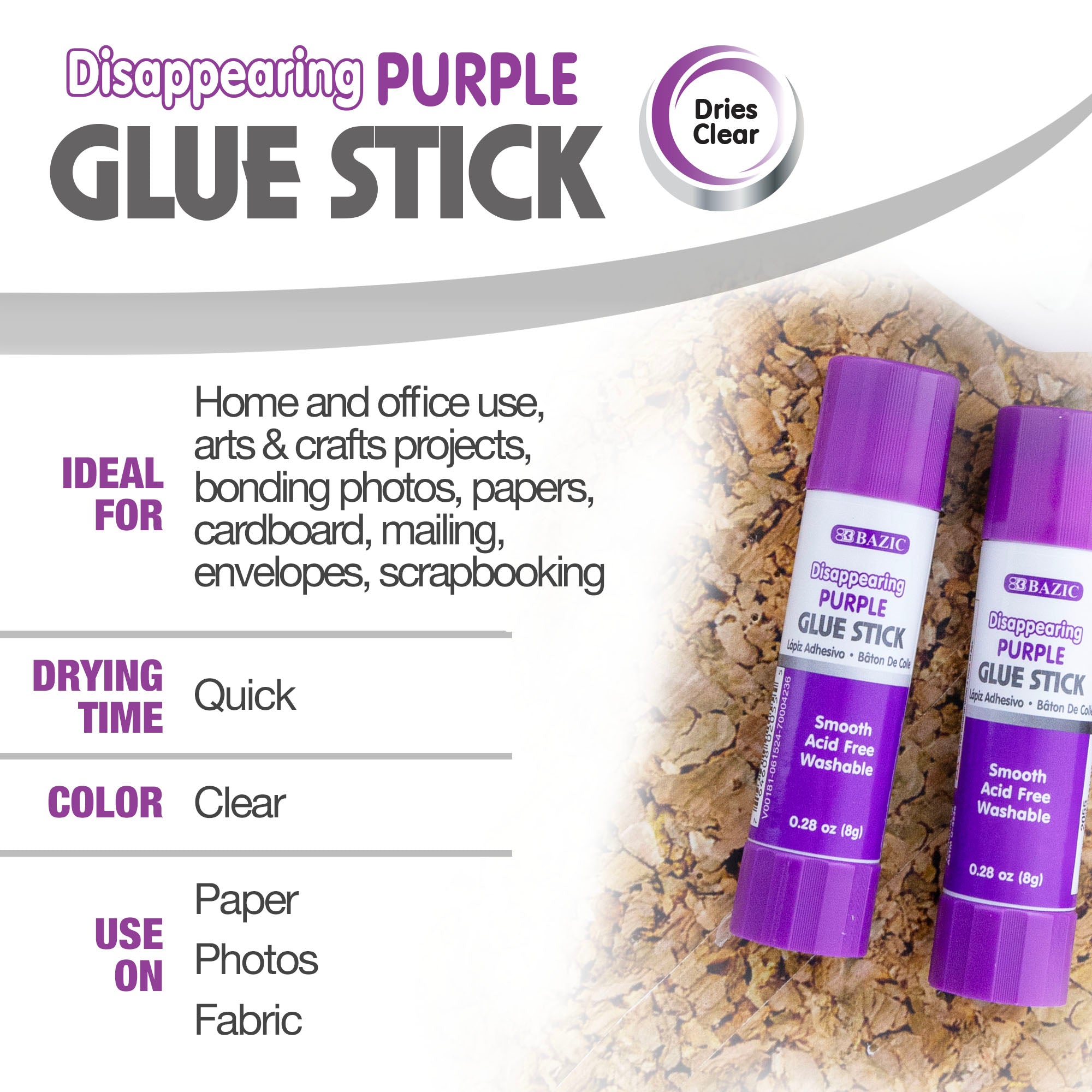 0.28 oz (8g) Washable Disappearing Purple Glue Stick (4/Pack)
