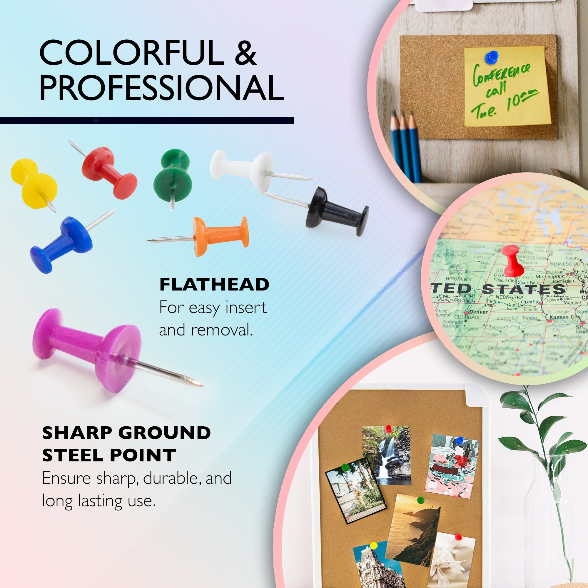 Assorted Color Push Pins (100/Pack)