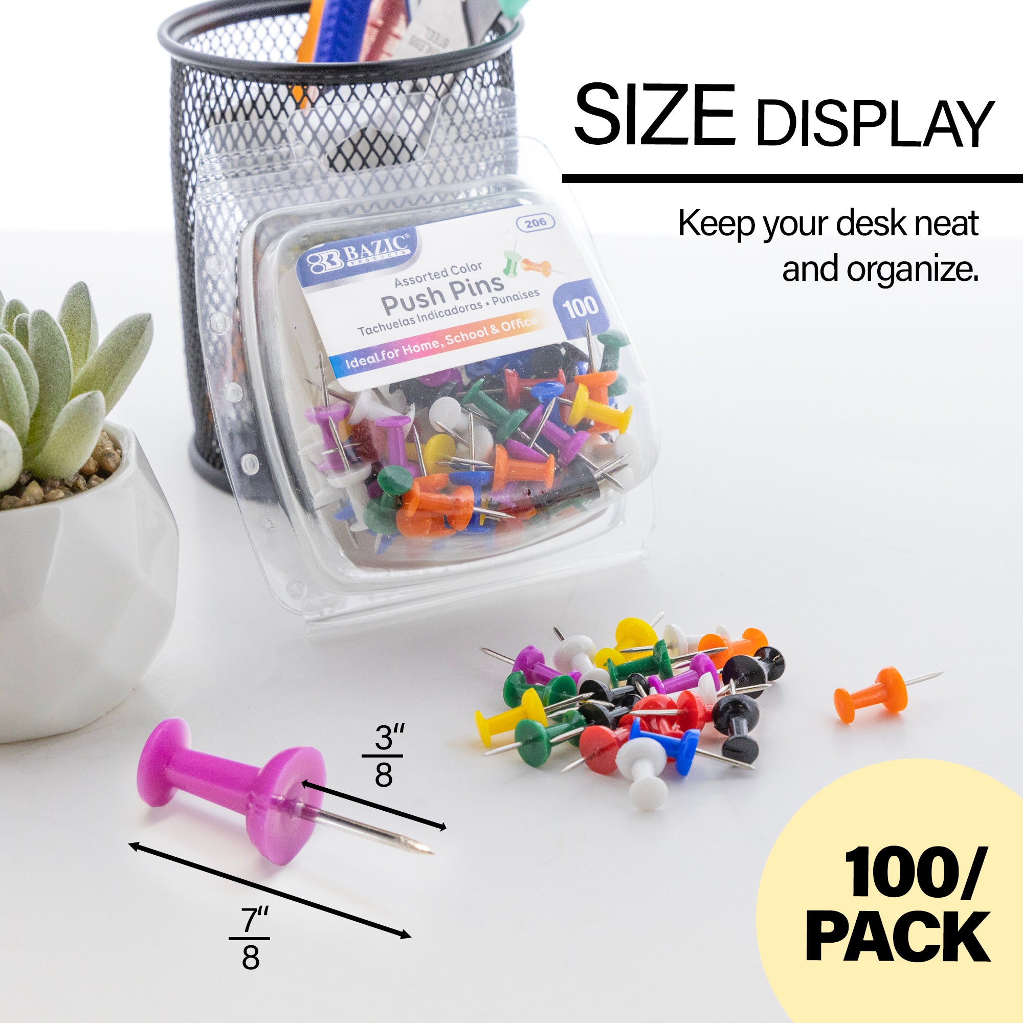 Assorted Color Push Pins (100/Pack)