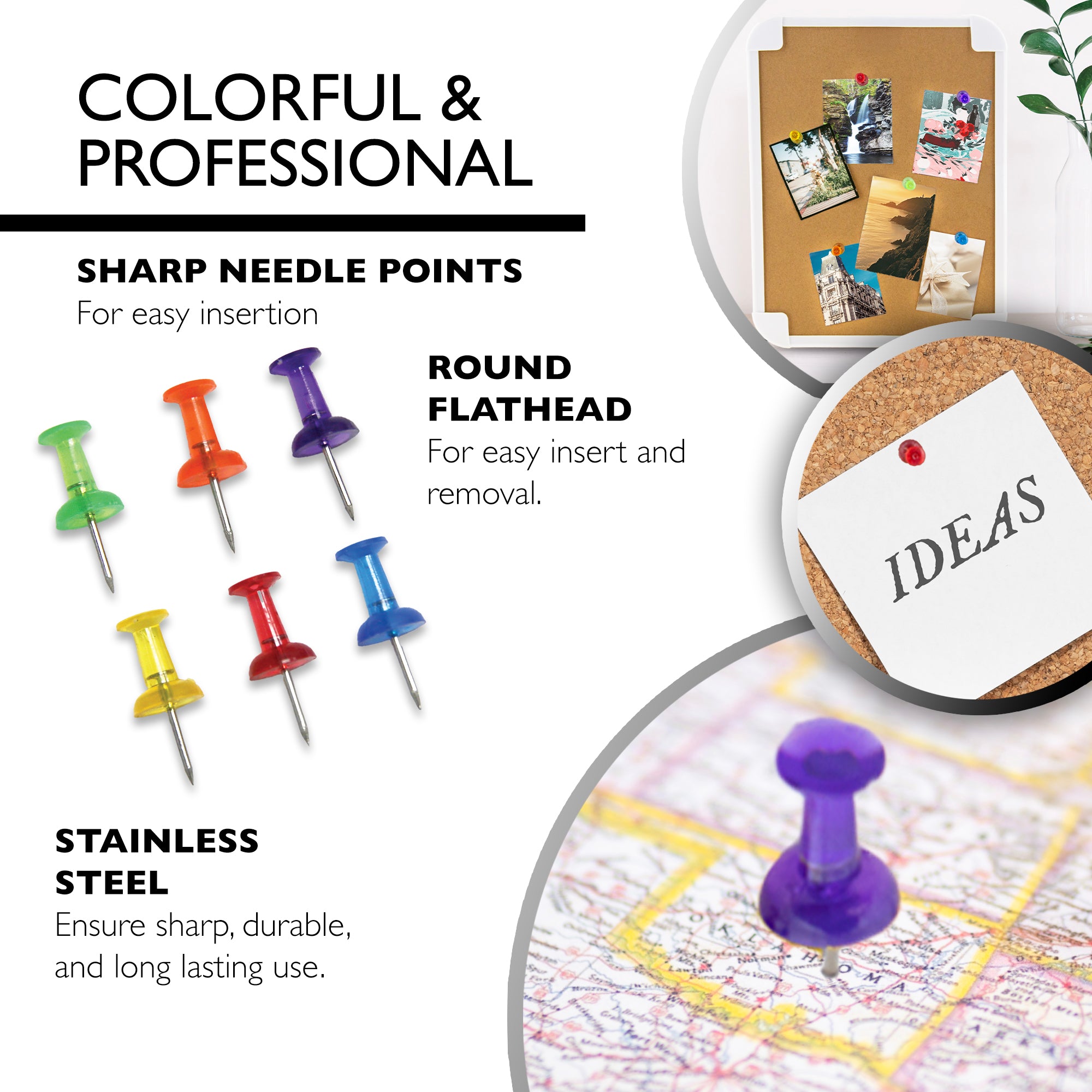 Assorted Translucent Color Push Pins (100/Pack)