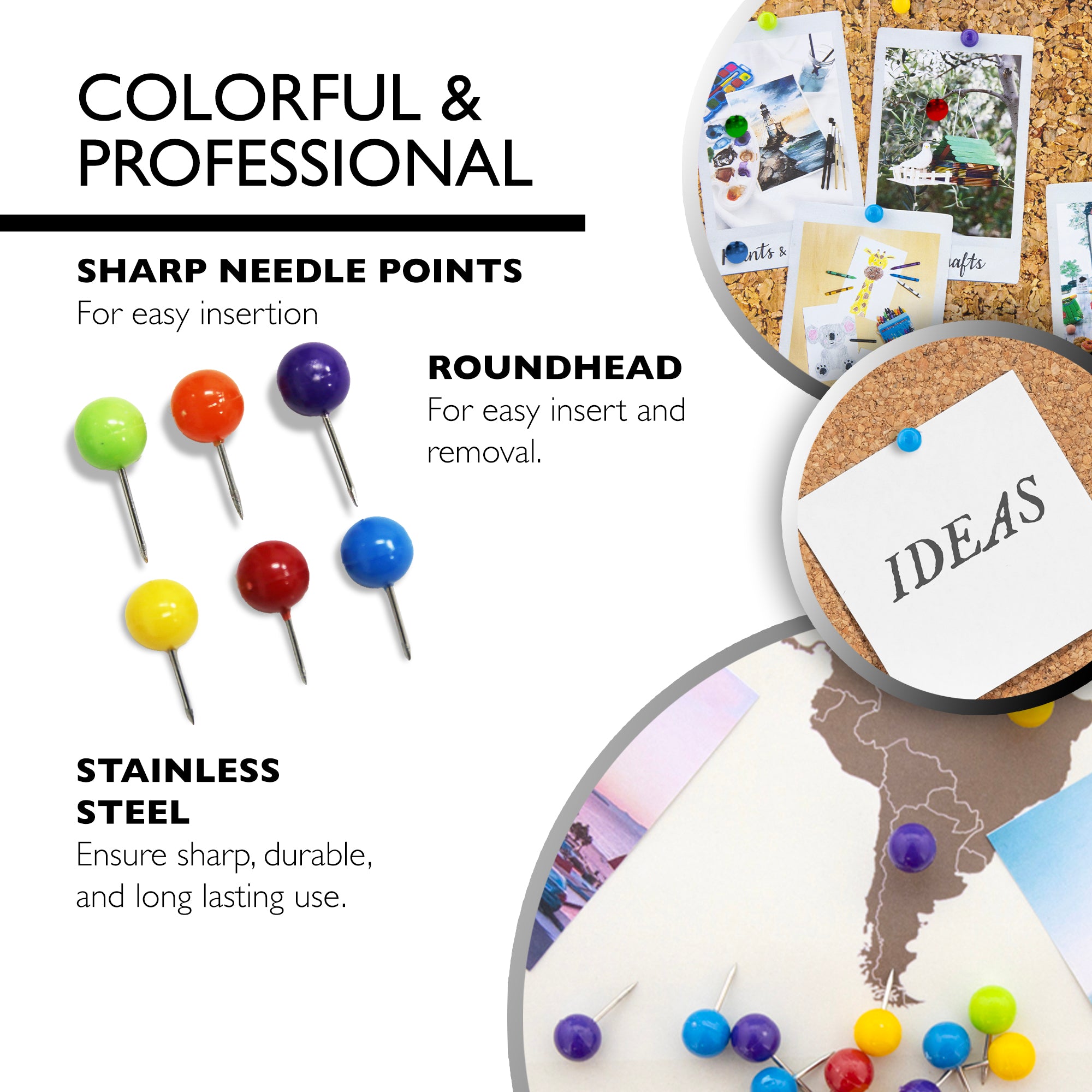 Assorted Color Round Push Pins (80/Pack)