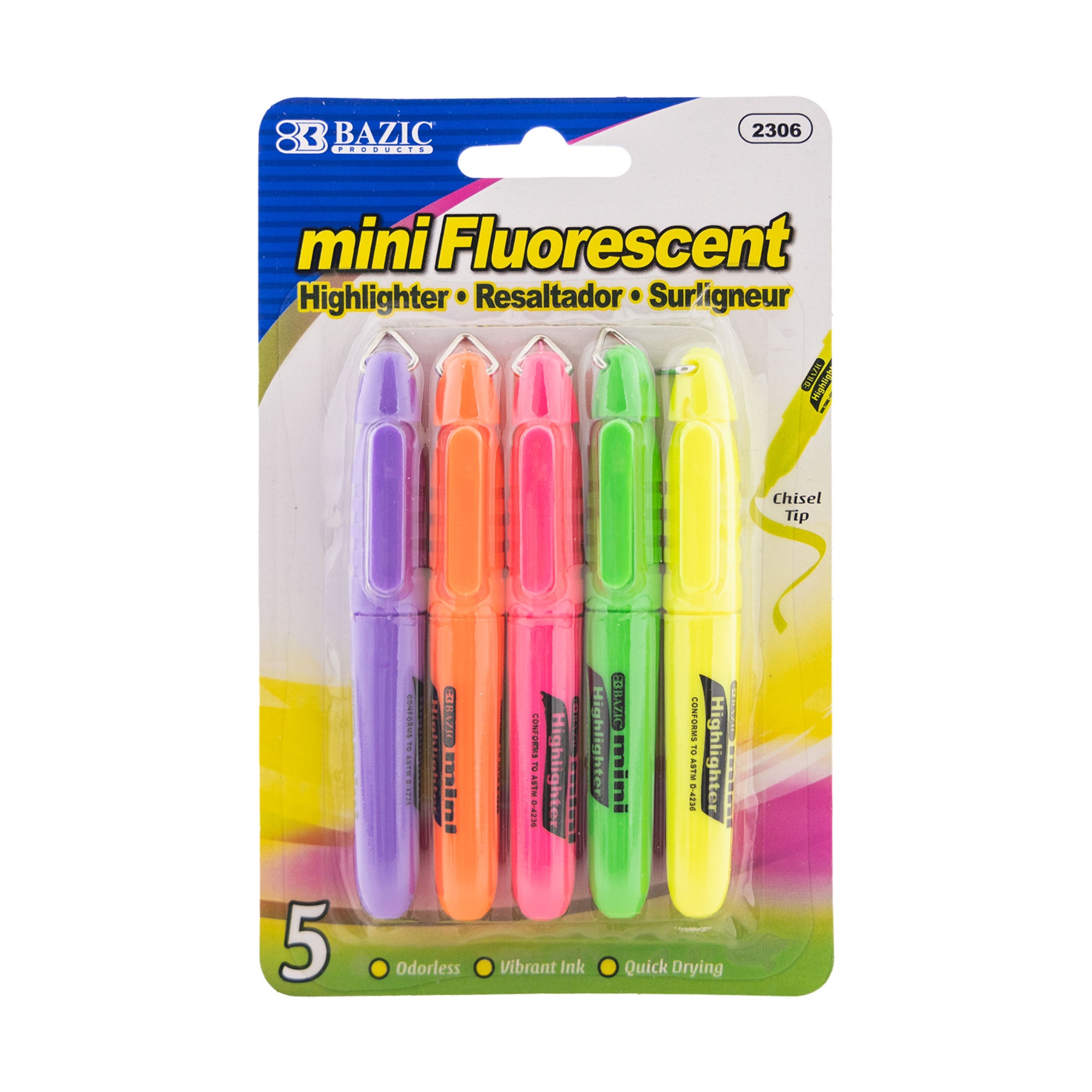Mini Fluorescent Highlighters w/ Cap Clip (5/Pack)