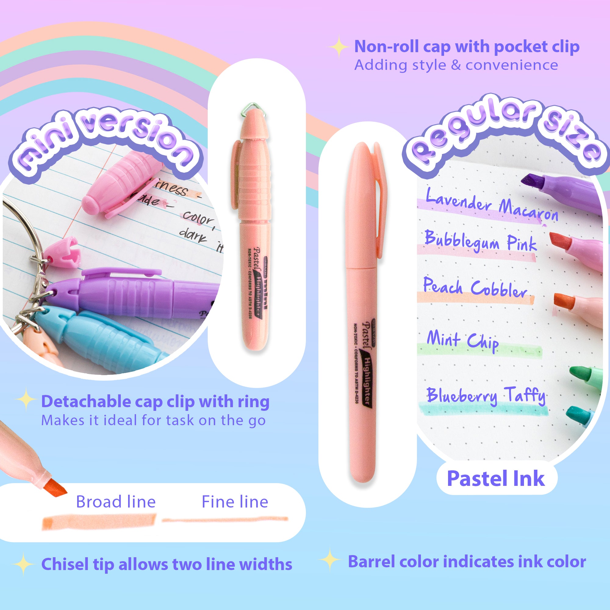 Pen Style Pastel Highlighters w/ Pocket Clip (5/Pack)