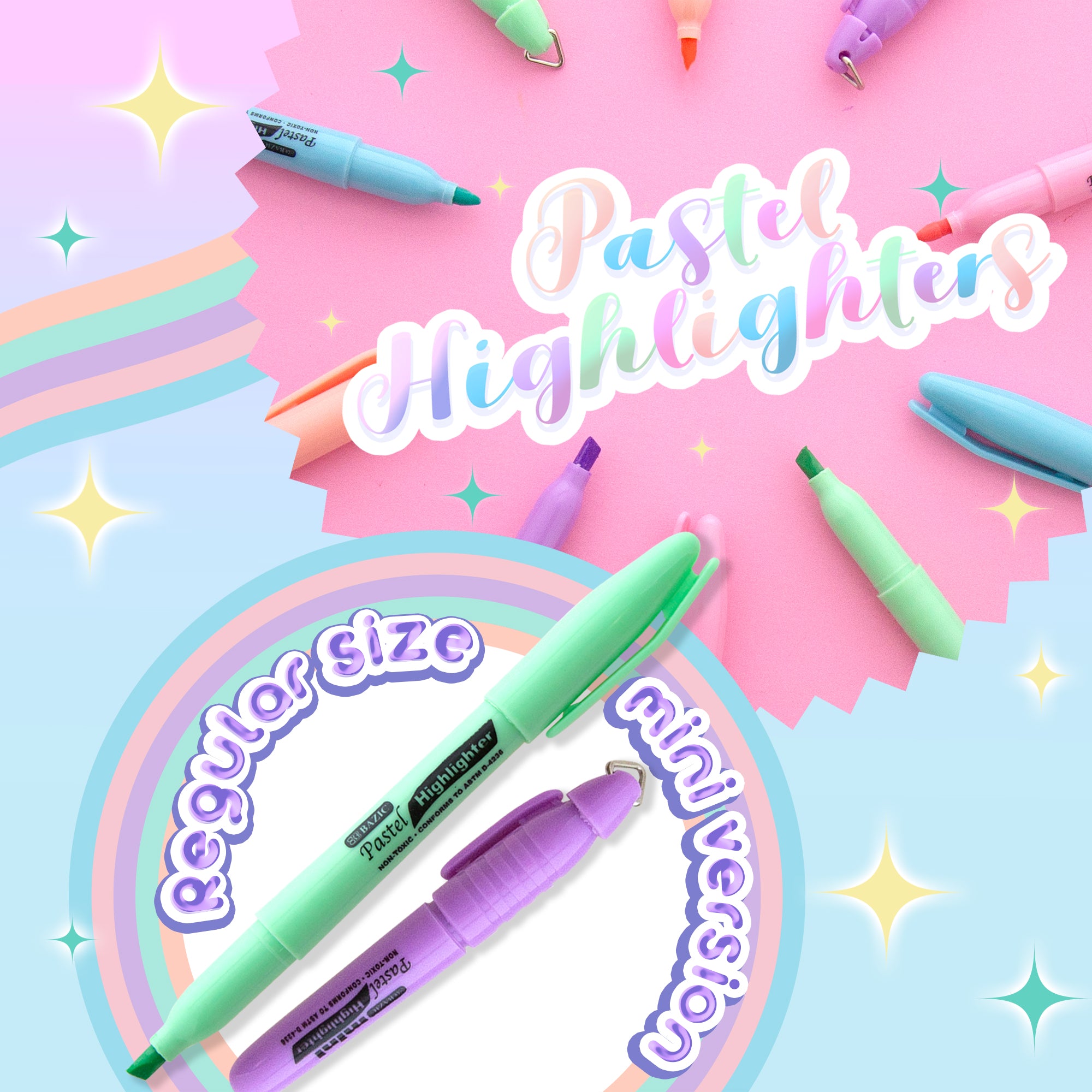 Pen Style Pastel Highlighters w/ Pocket Clip (5/Pack)
