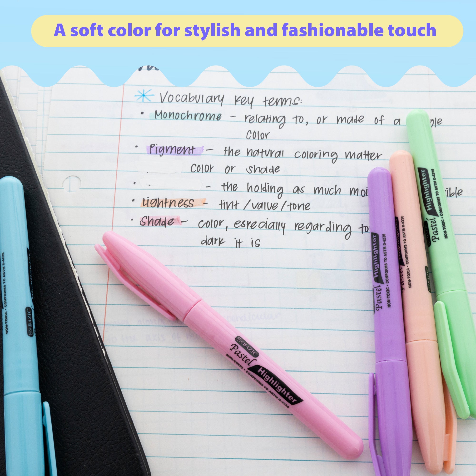 Pen Style Pastel Highlighters w/ Pocket Clip (5/Pack)