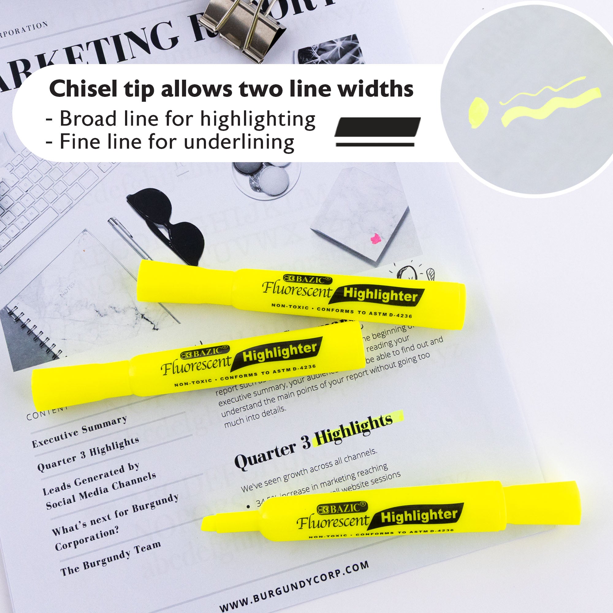 Yellow Desk Style Fluorescent Highlighters (3/Pack)