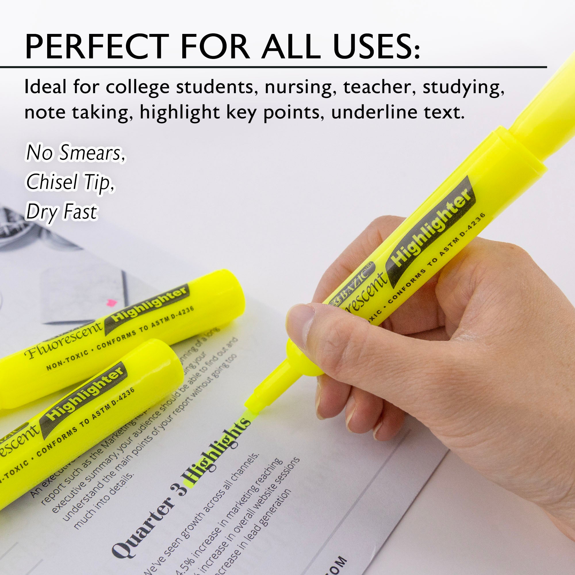 Yellow Desk Style Fluorescent Highlighters (3/Pack)