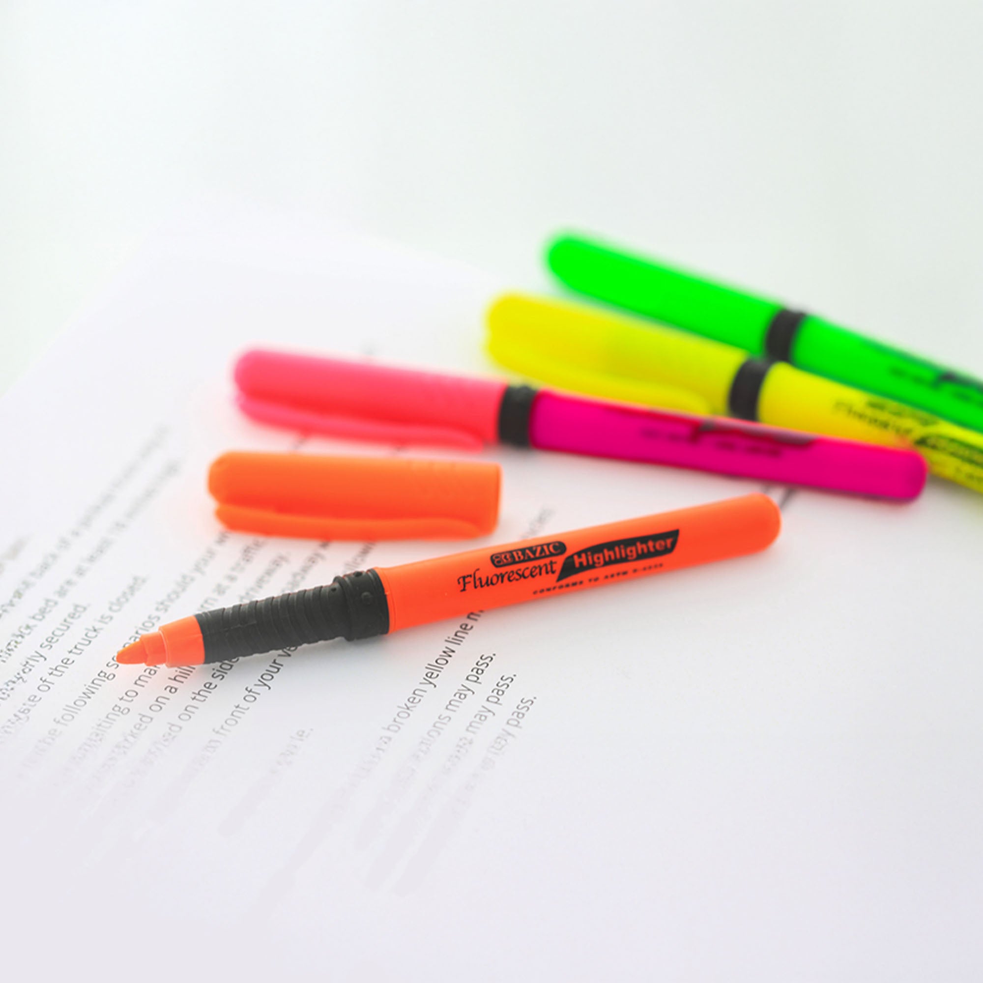 Pen Style Fluorescent Highlighters w/ Cushion Grip (4/Pack)