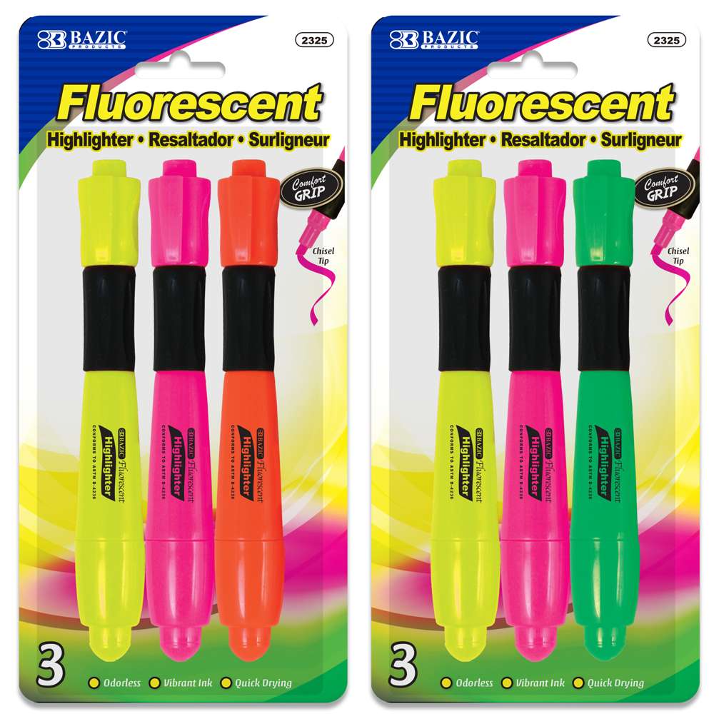 Desk Style Fluorescent Highlighters w/ Cushion Grip (3/Pack)