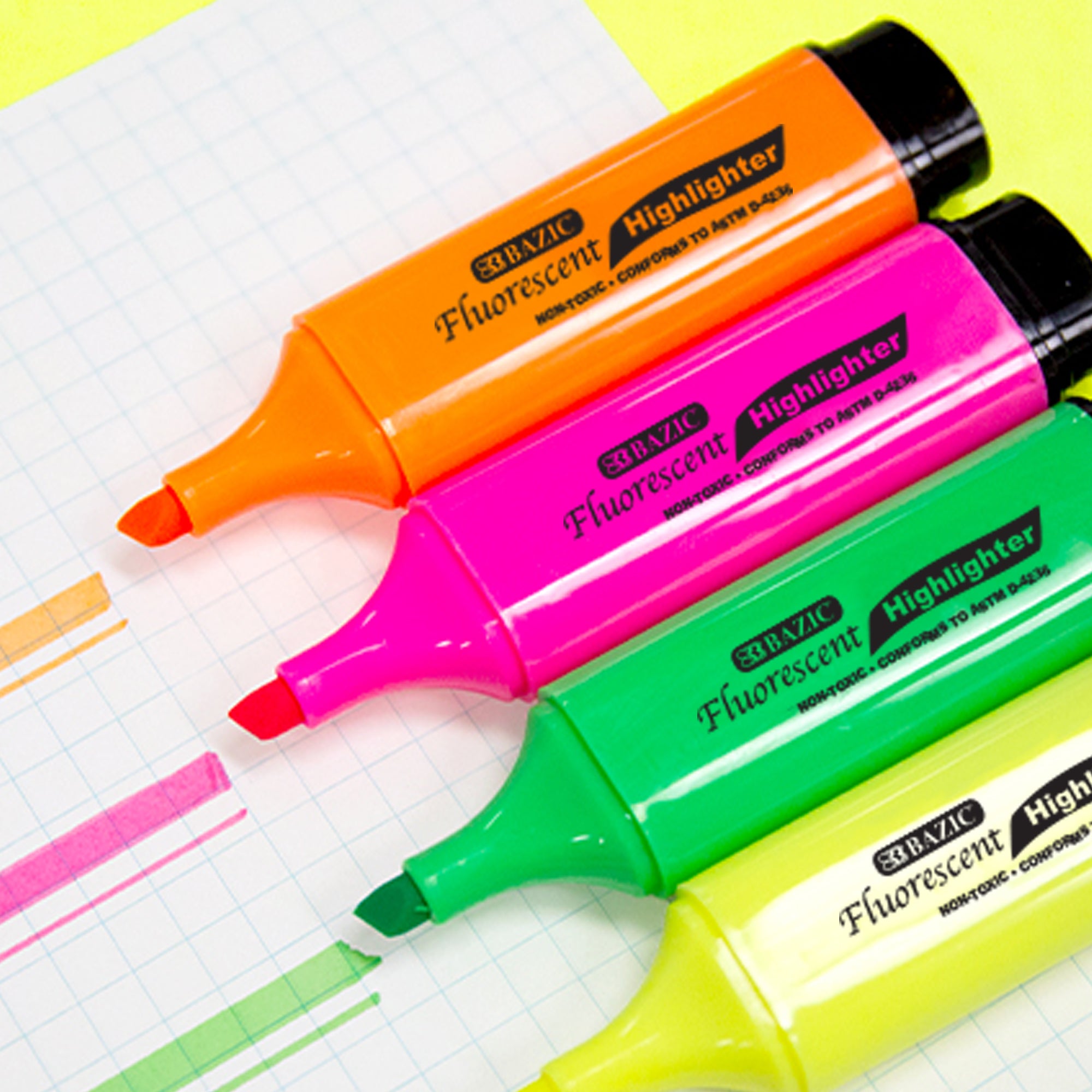Fluorescent Highlighters w/ Pocket Clip (4/Pack)