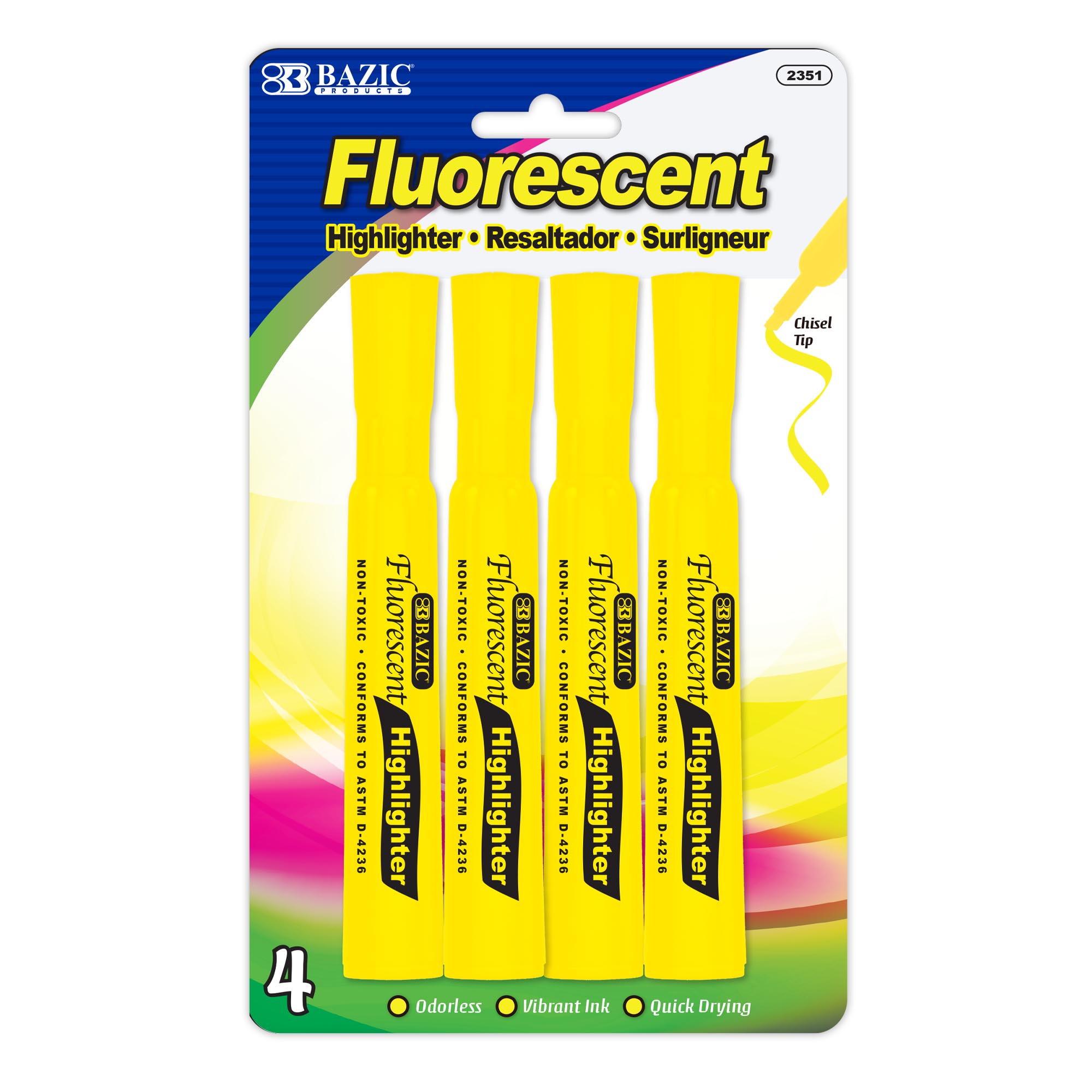 Yellow Desk Style Fluorescent Highlighters (4/Pack)