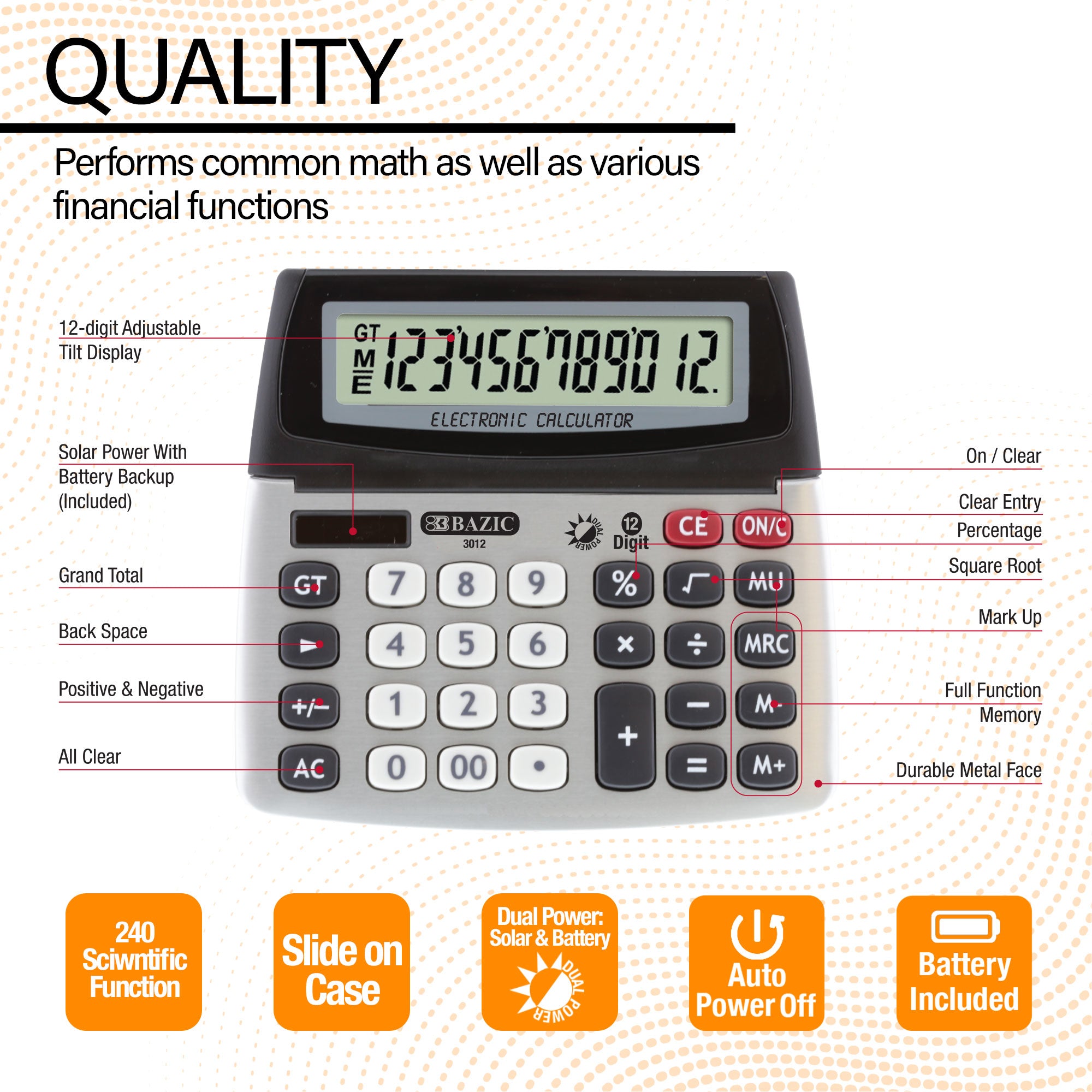 12-Digit Dual Power Desktop Calculator w/ Adjustable Display