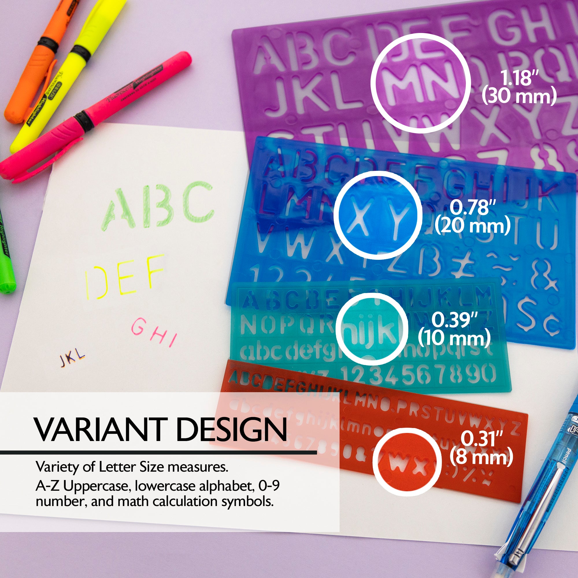 8, 10, 20, 30 mm Size Lettering Stencil Sets (4/Pack)