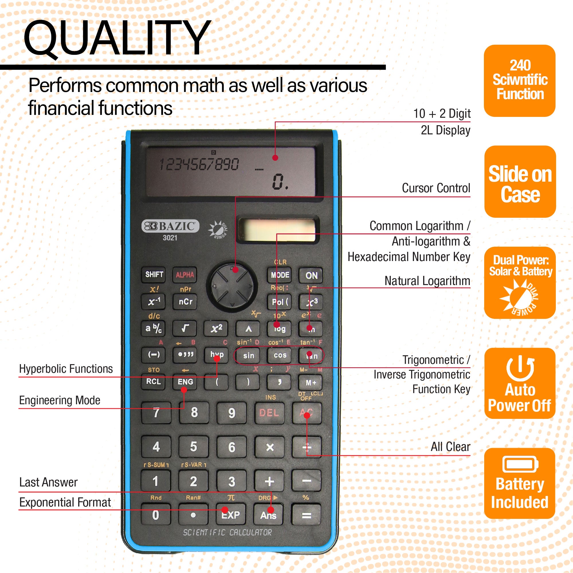 240 Function Fancy color Scientific Calculator w/ Slide-On Case